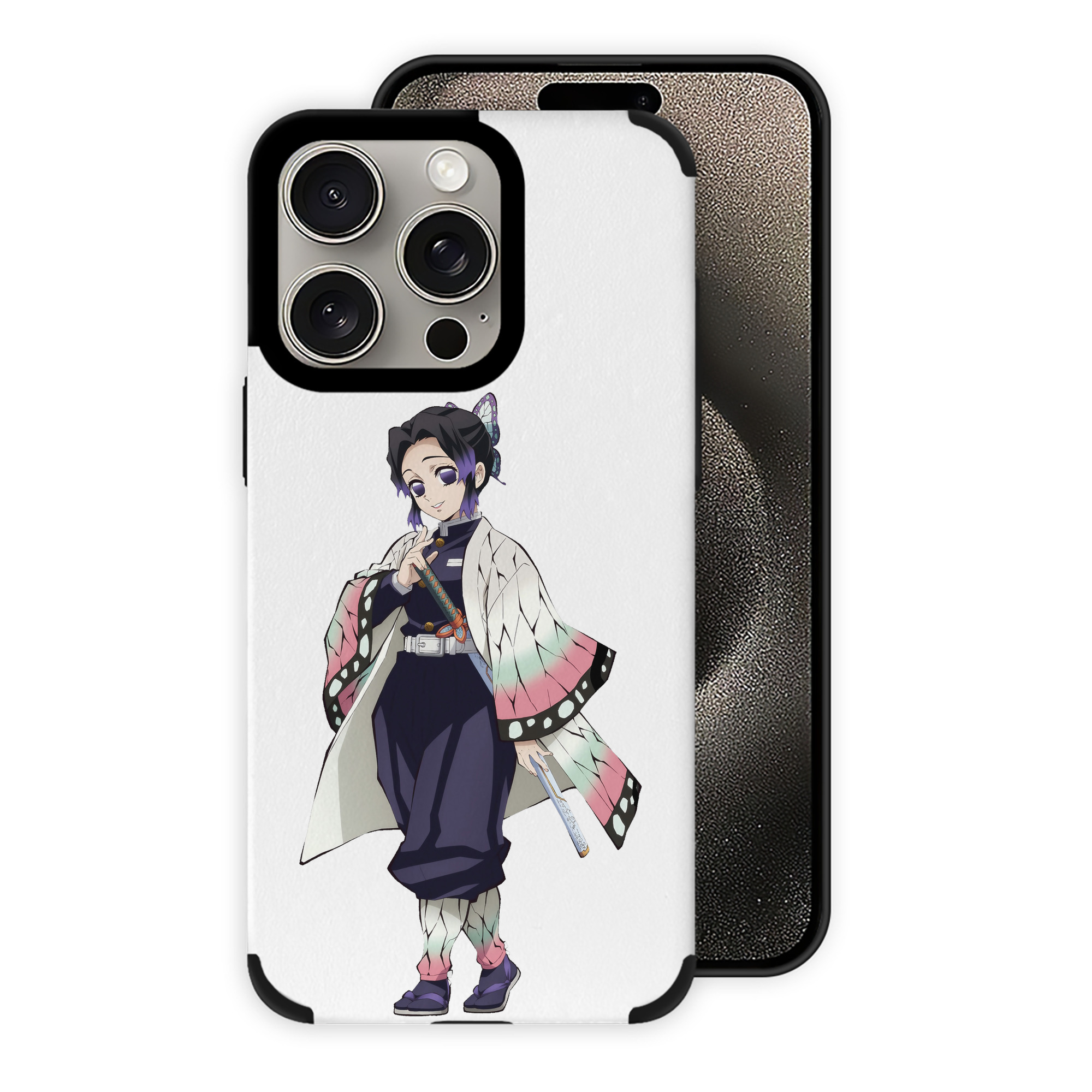 （画像用） 鬼滅の刃（きめつのやいば）蟲柱-胡蝶 しのぶ／こちょう しのぶ Kochou Shinobu 【iPhone15ProMax対応】 PUレザー スマホケース 耐衝撃＆黄変防止