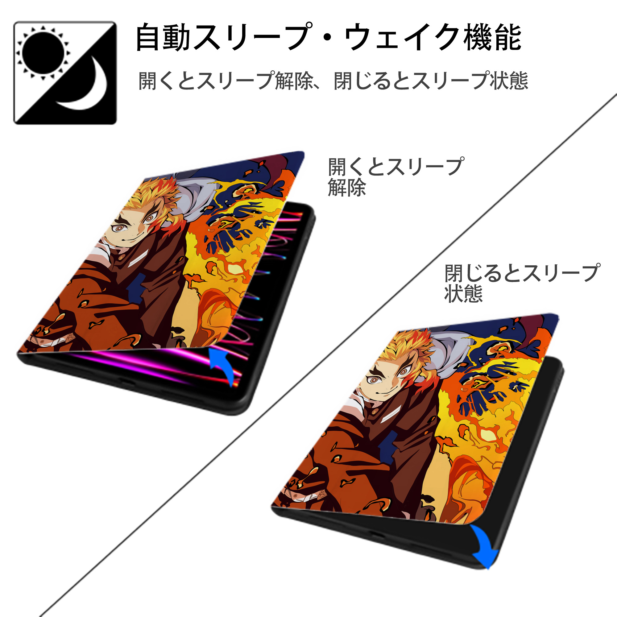 炎柱-煉󠄁獄 杏寿郎／れんごく きょうじゅろう Rengoku Kyoujurou IPad ケース ペン収納付き 三つ折りスタンド PUレザー×シリコン 対応機種9.5/10.5/10.9インチ