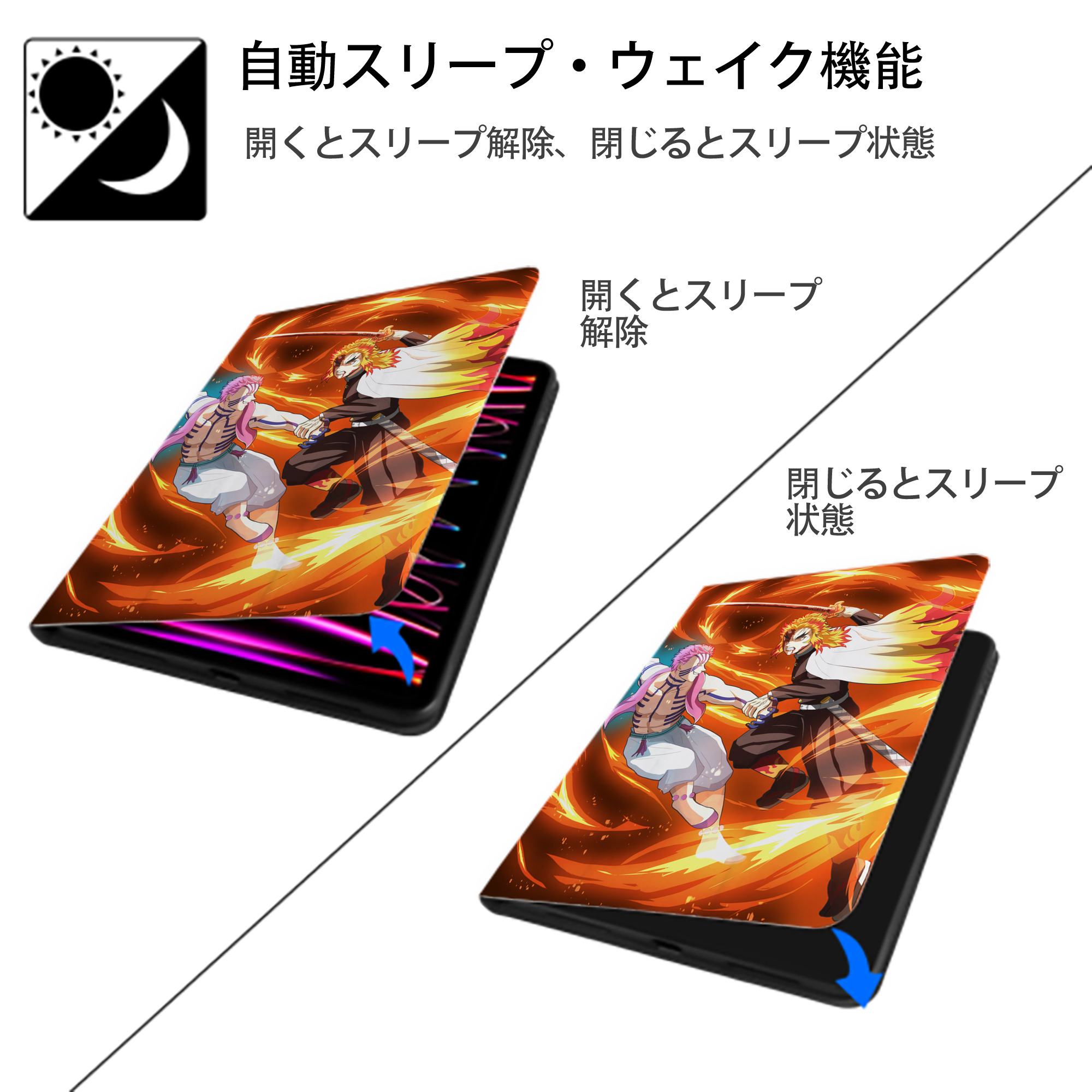 炎柱-煉󠄁獄 杏寿郎／れんごく きょうじゅろう Rengoku Kyoujurou IPad ケース ペン収納付き 三つ折りスタンド PUレザー×シリコン 対応機種9.5/10.5/10.9インチ