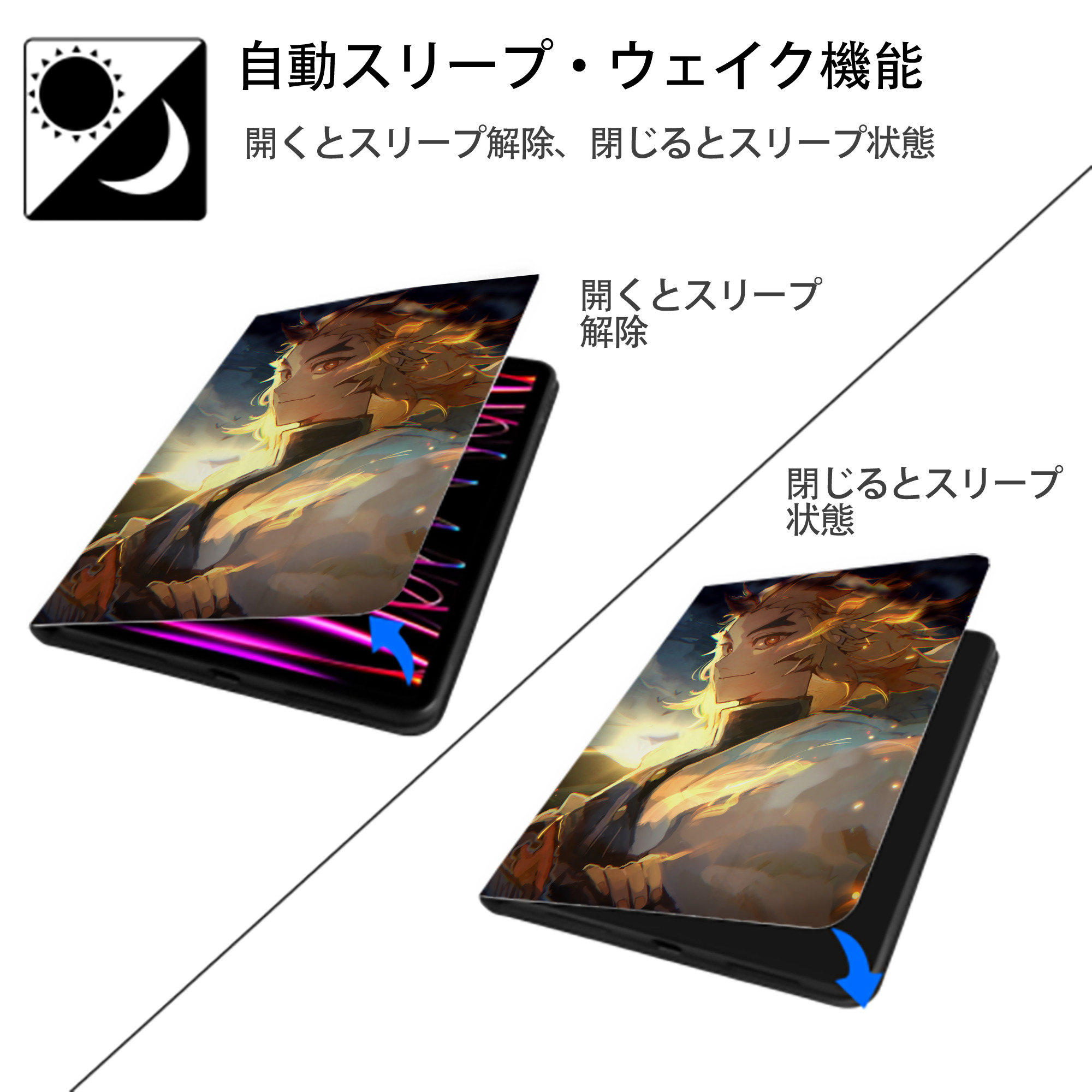 炎柱-煉󠄁獄 杏寿郎／れんごく きょうじゅろう Rengoku Kyoujurou IPad ケース ペン収納付き 三つ折りスタンド PUレザー×シリコン 対応機種9.5/10.5/10.9インチ