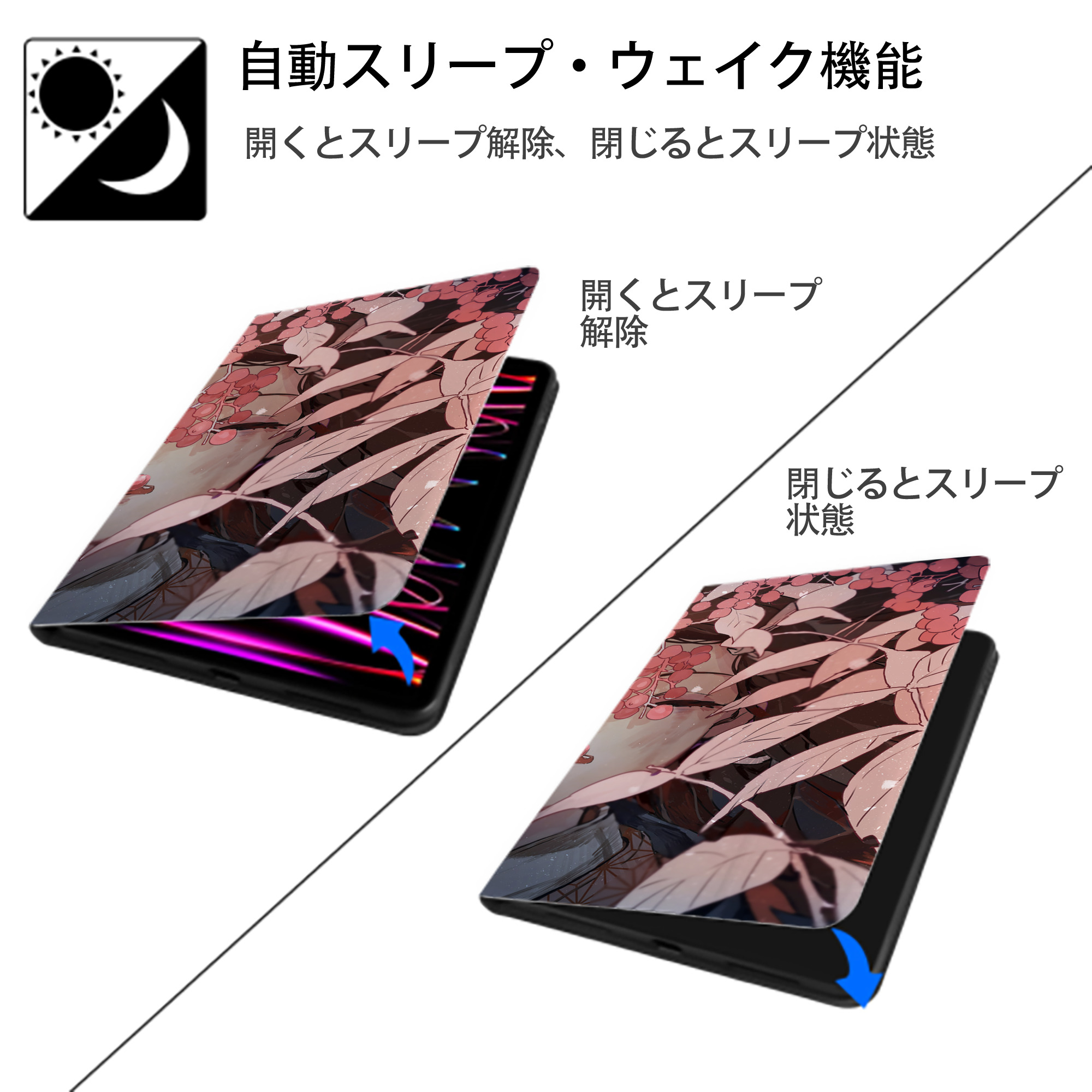 鬼滅の刃（きめつのやいば）竈門 禰󠄀豆子／かまど ねずこ Kamado Nezuko IPad ケース ブック型 PUレザー TPU 耐衝撃 軽量 薄型 ペン収納なし 全面保護 IPad 各モデル対応