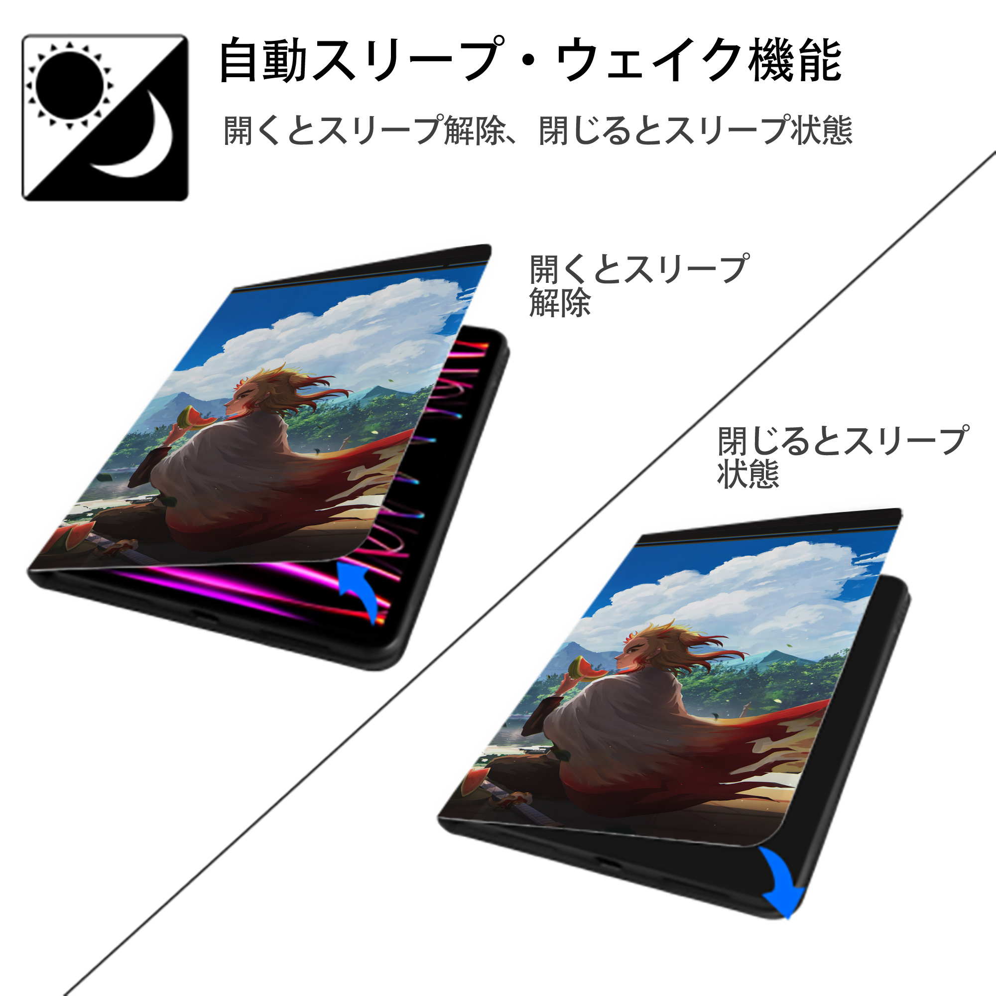 鬼滅の刃（きめつのやいば）竈門 炭治郎／かまど たんじろう Kamado Tanjirou IPad ケース ブック型 PUレザー TPU 耐衝撃 軽量 薄型 ペン収納なし 全面保護 IPad 各モデル対応