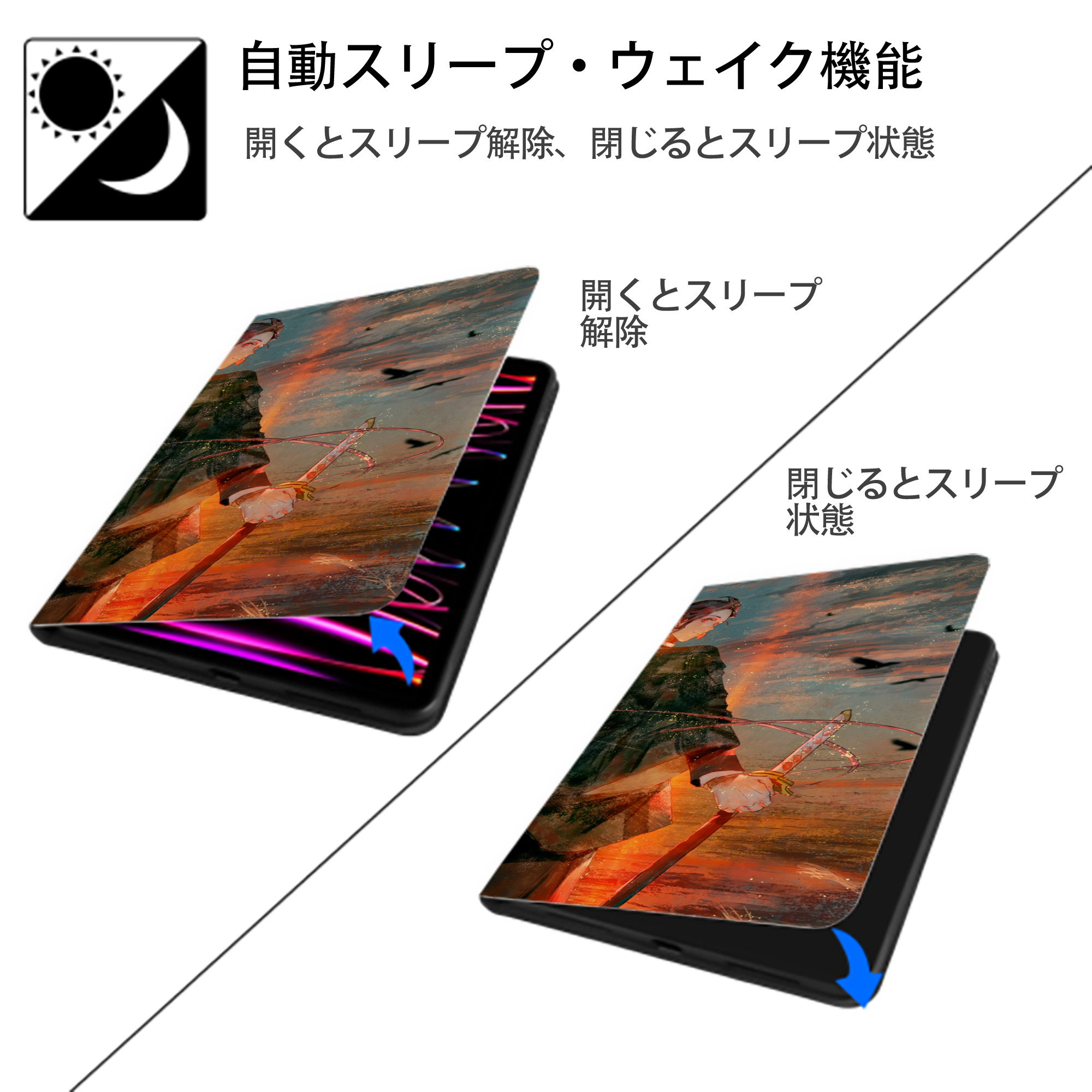 鬼滅の刃（きめつのやいば）竈門 炭治郎／かまど たんじろう Kamado Tanjirou IPad ケース ブック型 PUレザー TPU 耐衝撃 軽量 薄型 ペン収納なし 全面保護 IPad 各モデル対応