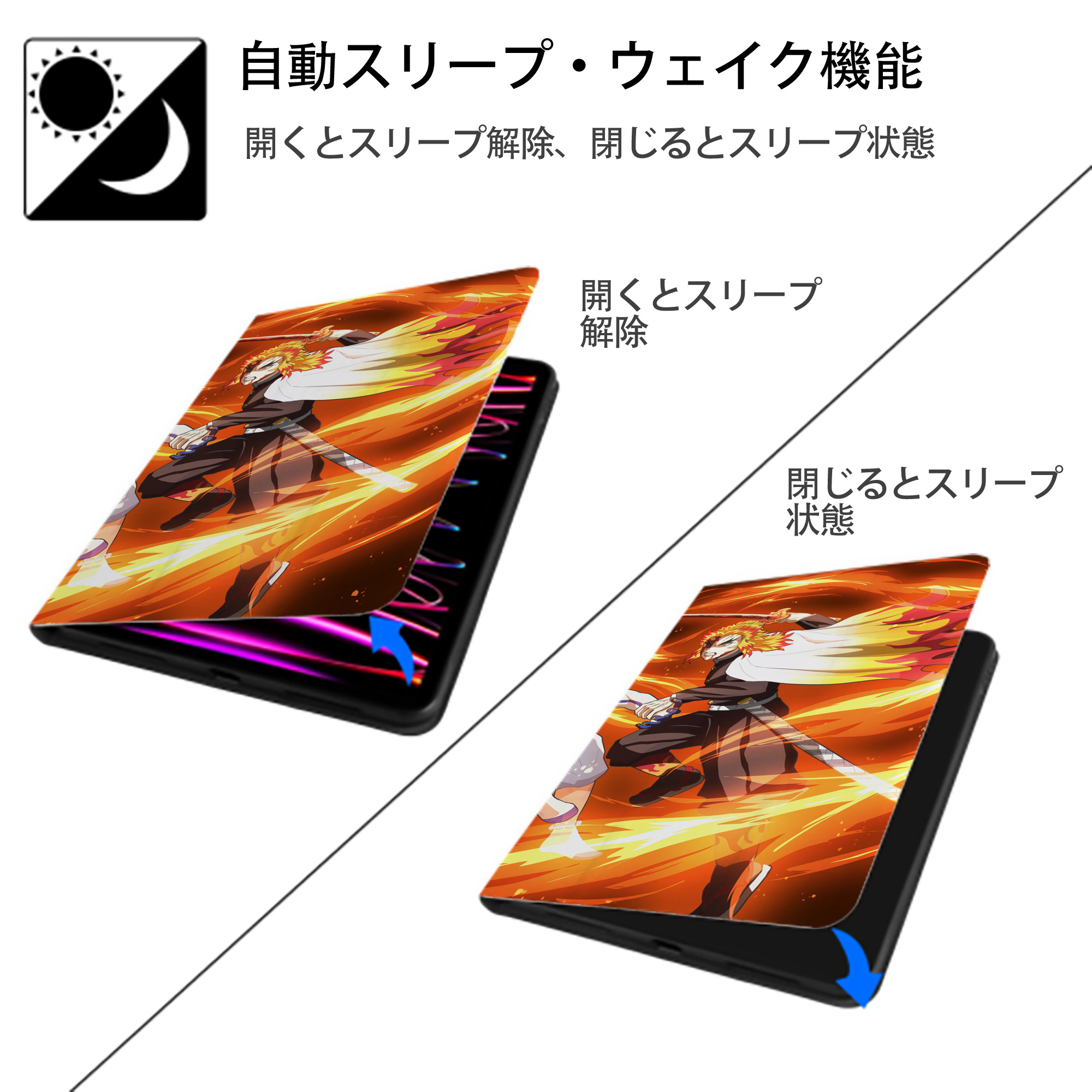 炎柱-煉󠄁獄 杏寿郎／れんごく きょうじゅろう Rengoku Kyoujurou IPad ケース ブック型 PUレザー TPU 耐衝撃 軽量 薄型 ペン収納なし 全面保護 IPad 各モデル対応
