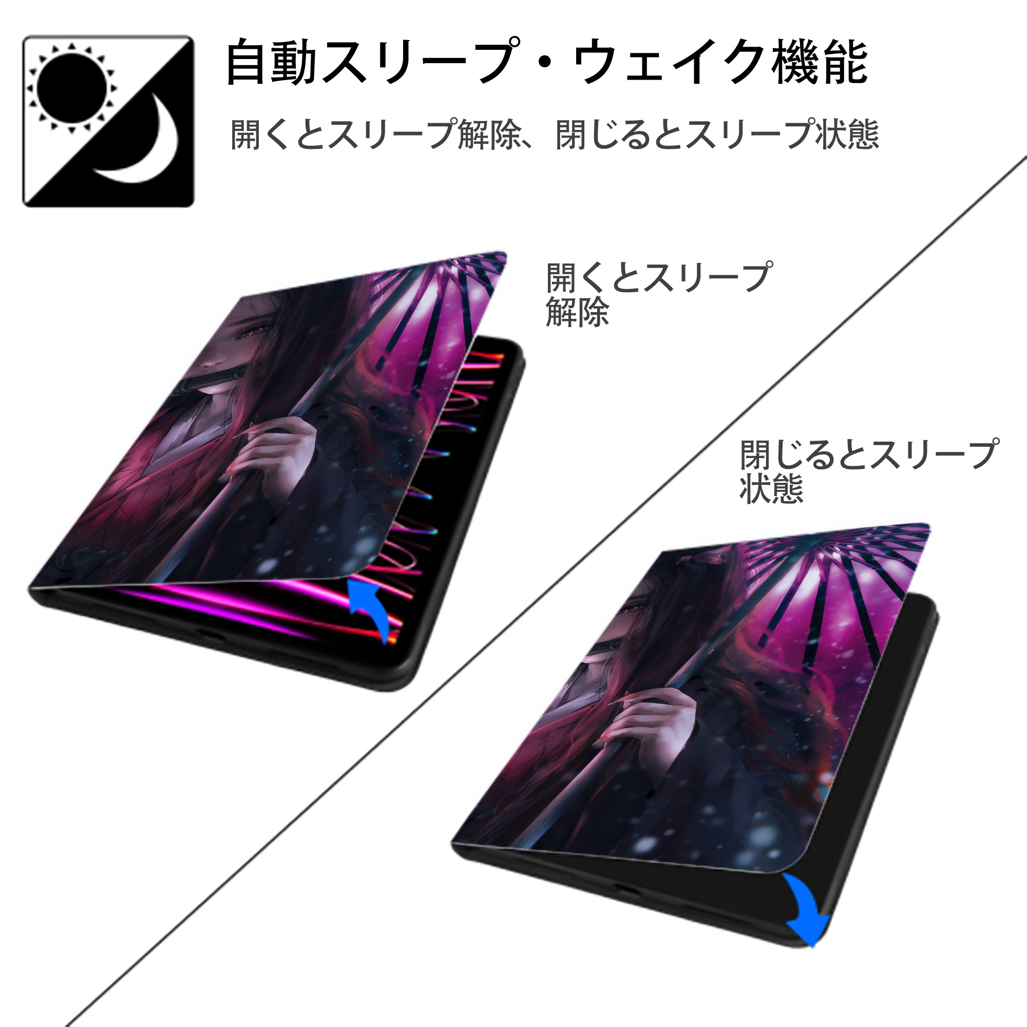 鬼滅の刃（きめつのやいば）竈門 禰󠄀豆子／かまど ねずこ Kamado Nezuko IPadケース ペンホルダー付き ブックスタイルデザイン