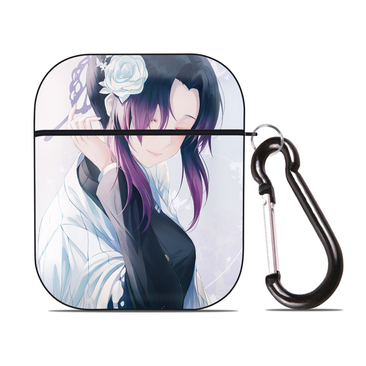 （画像用） 鬼滅の刃（きめつのやいば）蟲柱-胡蝶 しのぶ／こちょう しのぶ Kochou Shinobu AirPods 第2世代保護ケース ハードシェル ブラック 耐衝撃・防指紋・カラビナ付き