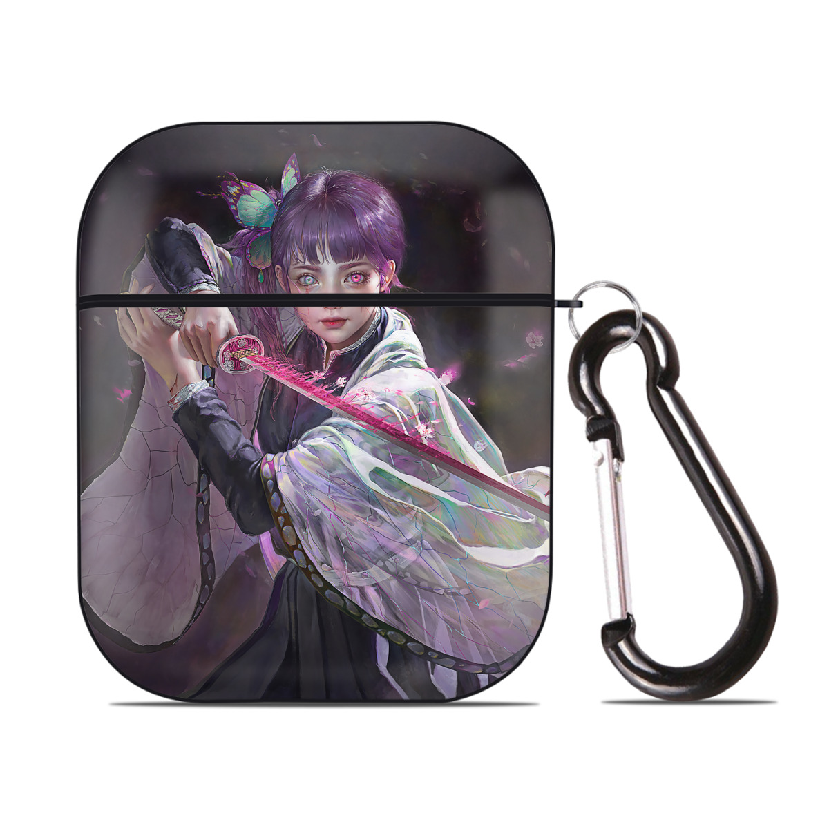 （画像用） 鬼滅の刃（きめつのやいば）蟲柱-胡蝶 しのぶ／こちょう しのぶ Kochou Shinobu AirPods 第2世代保護ケース ハードシェル ブラック 耐衝撃・防指紋・カラビナ付き