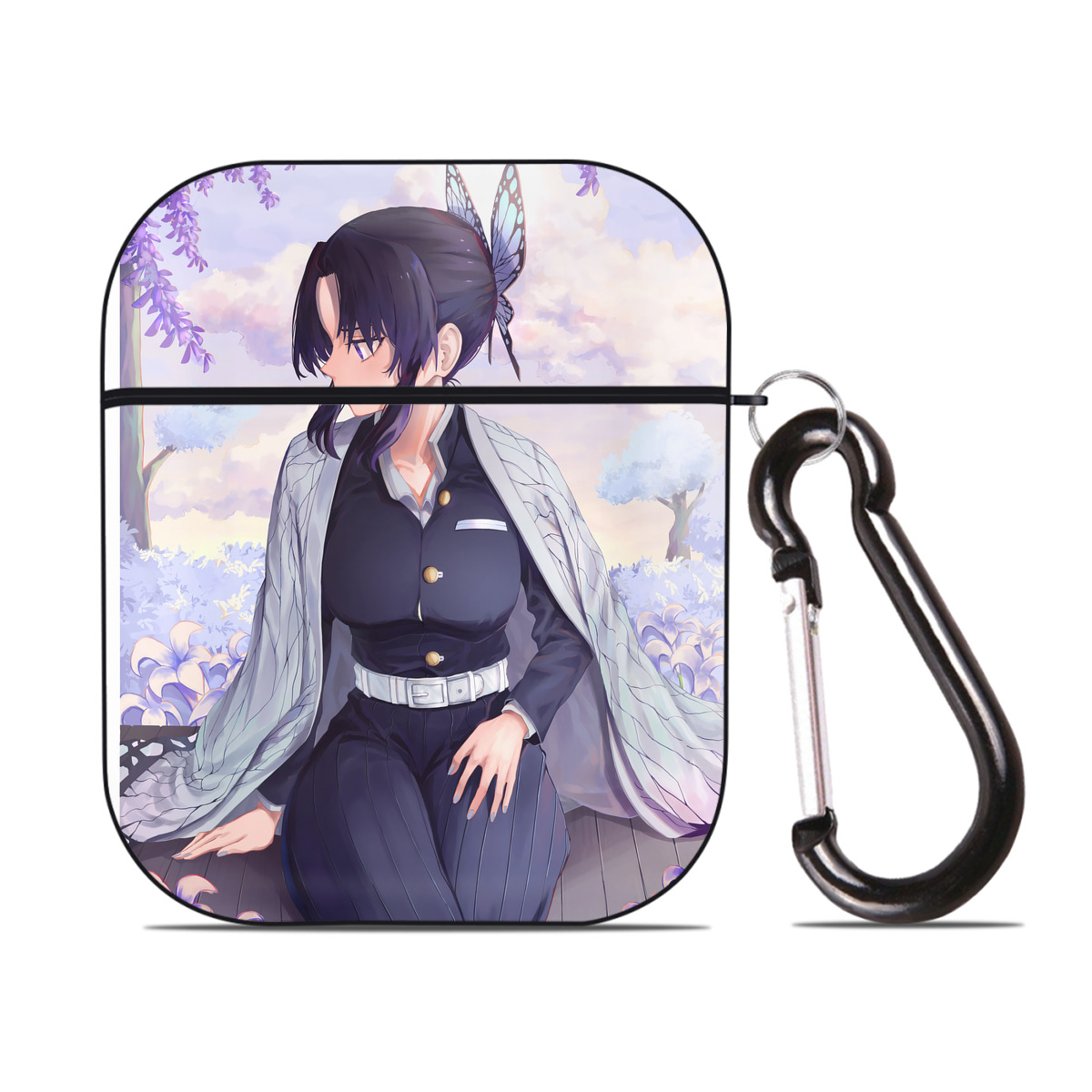 （画像用） 鬼滅の刃（きめつのやいば）蟲柱-胡蝶 しのぶ／こちょう しのぶ Kochou Shinobu AirPods 第2世代保護ケース ハードシェル ブラック 耐衝撃・防指紋・カラビナ付き