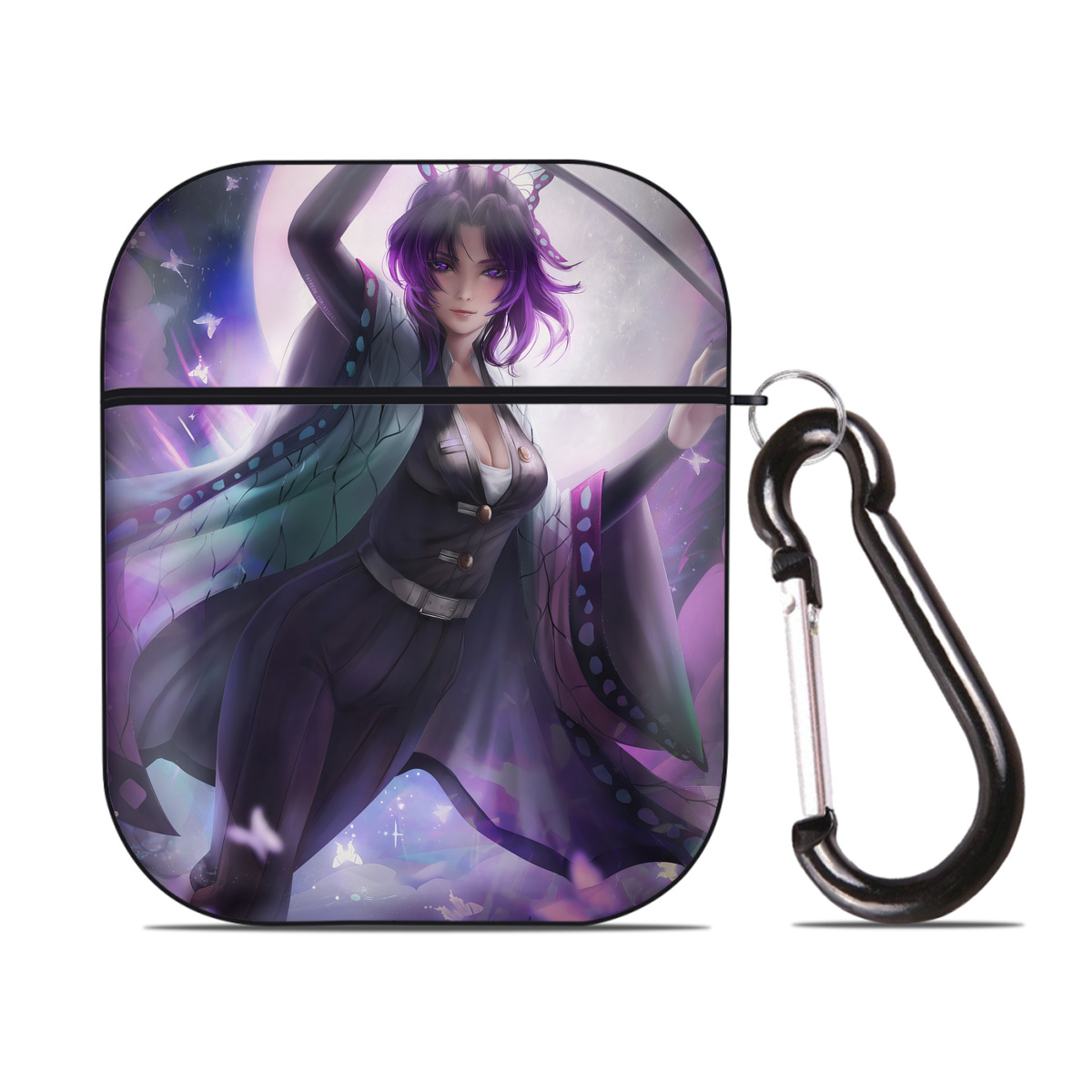 （画像用） 鬼滅の刃（きめつのやいば）蟲柱-胡蝶 しのぶ／こちょう しのぶ Kochou Shinobu AirPods 第2世代保護ケース ハードシェル ブラック 耐衝撃・防指紋・カラビナ付き