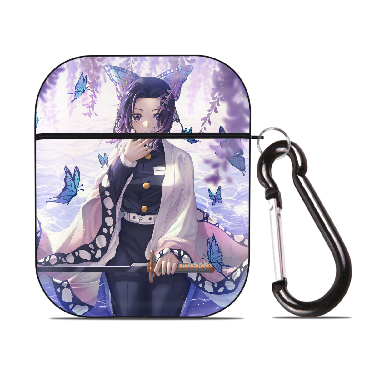 （画像用） 鬼滅の刃（きめつのやいば）蟲柱-胡蝶 しのぶ／こちょう しのぶ Kochou Shinobu AirPods 第2世代保護ケース ハードシェル ブラック 耐衝撃・防指紋・カラビナ付き