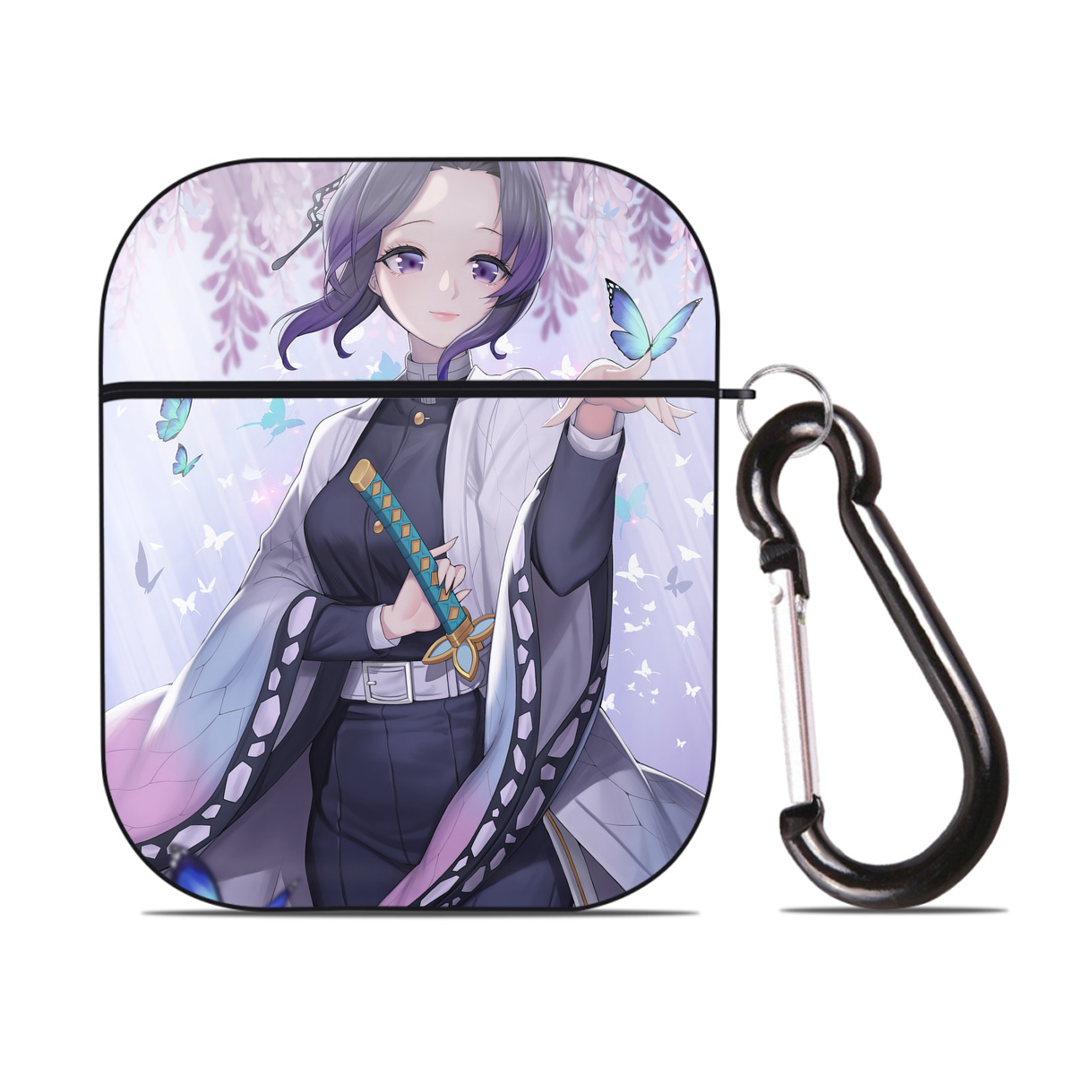（画像用） 鬼滅の刃（きめつのやいば）蟲柱-胡蝶 しのぶ／こちょう しのぶ Kochou Shinobu AirPods 第2世代保護ケース ハードシェル ブラック 耐衝撃・防指紋・カラビナ付き