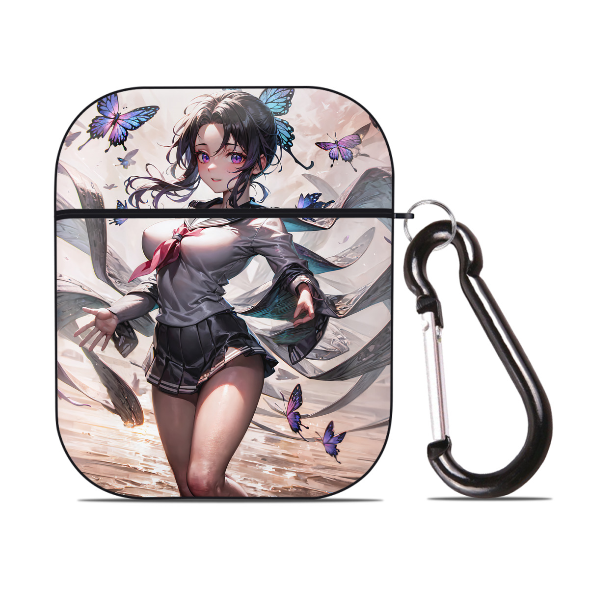 （画像用） 鬼滅の刃（きめつのやいば）蟲柱-胡蝶 しのぶ／こちょう しのぶ Kochou Shinobu AirPods 第2世代保護ケース ハードシェル ブラック 耐衝撃・防指紋・カラビナ付き