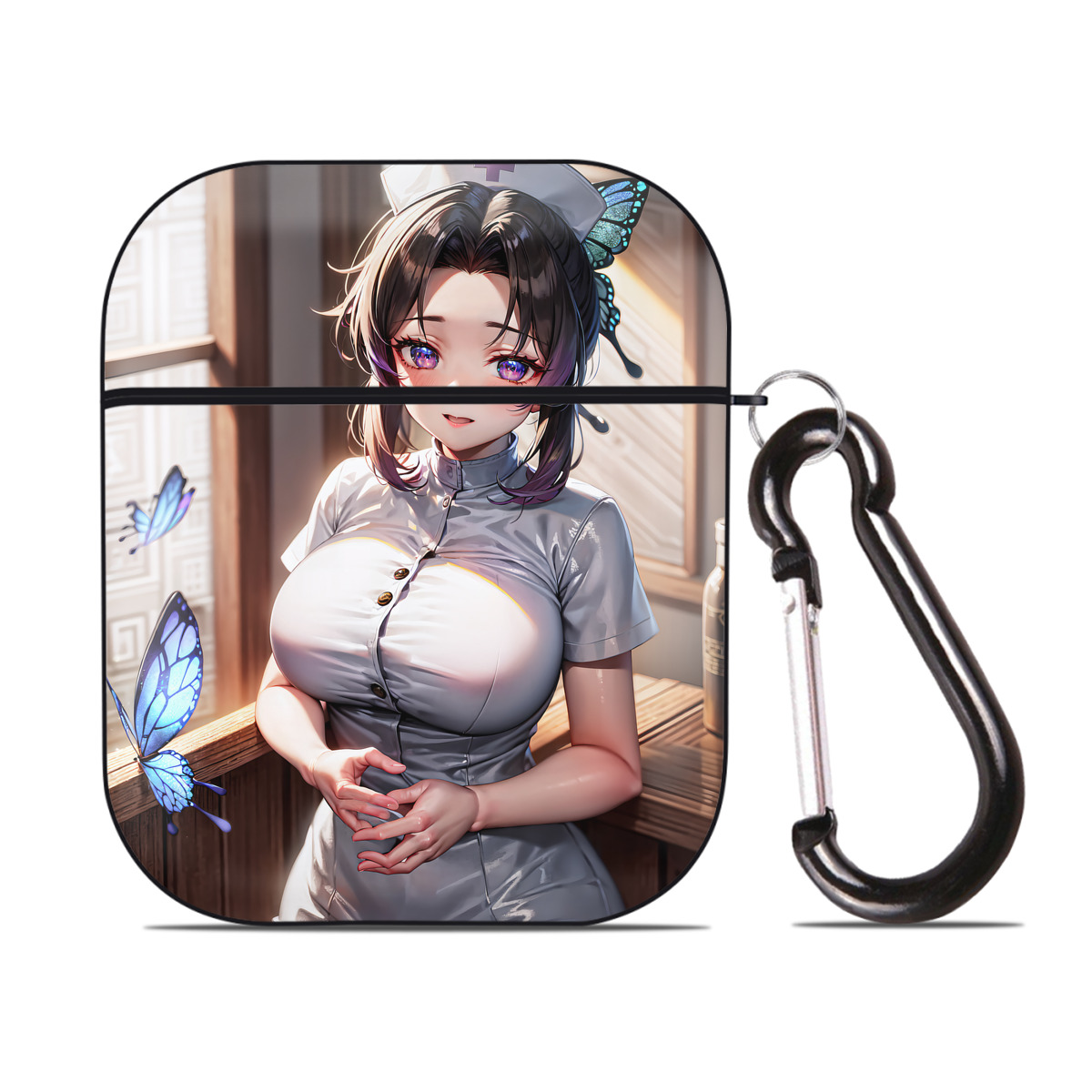 （画像用） 鬼滅の刃（きめつのやいば）蟲柱-胡蝶 しのぶ／こちょう しのぶ Kochou Shinobu AirPods 第2世代保護ケース ハードシェル ブラック 耐衝撃・防指紋・カラビナ付き