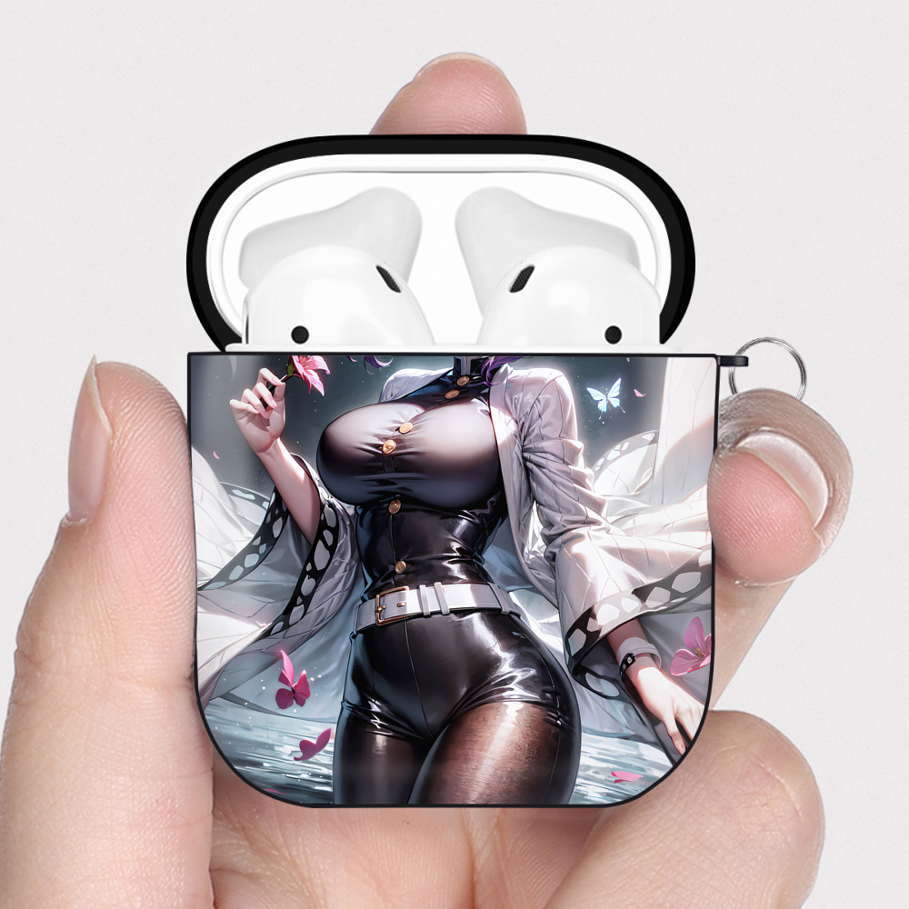 （画像用） 鬼滅の刃（きめつのやいば）蟲柱-胡蝶 しのぶ／こちょう しのぶ Kochou Shinobu AirPods 第2世代保護ケース ハードシェル ブラック 耐衝撃・防指紋・カラビナ付き