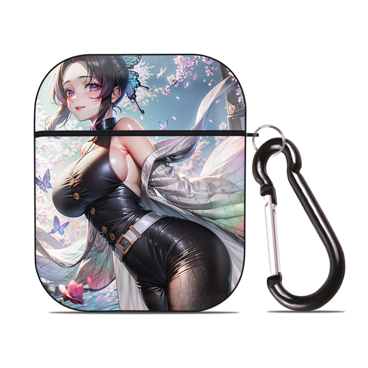 （画像用） 鬼滅の刃（きめつのやいば）蟲柱-胡蝶 しのぶ／こちょう しのぶ Kochou Shinobu AirPods 第2世代保護ケース ハードシェル ブラック 耐衝撃・防指紋・カラビナ付き