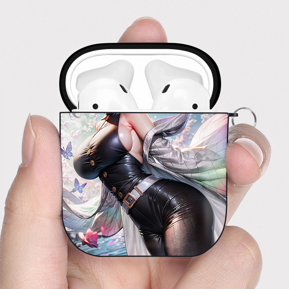 （画像用） 鬼滅の刃（きめつのやいば）蟲柱-胡蝶 しのぶ／こちょう しのぶ Kochou Shinobu AirPods 第2世代保護ケース ハードシェル ブラック 耐衝撃・防指紋・カラビナ付き