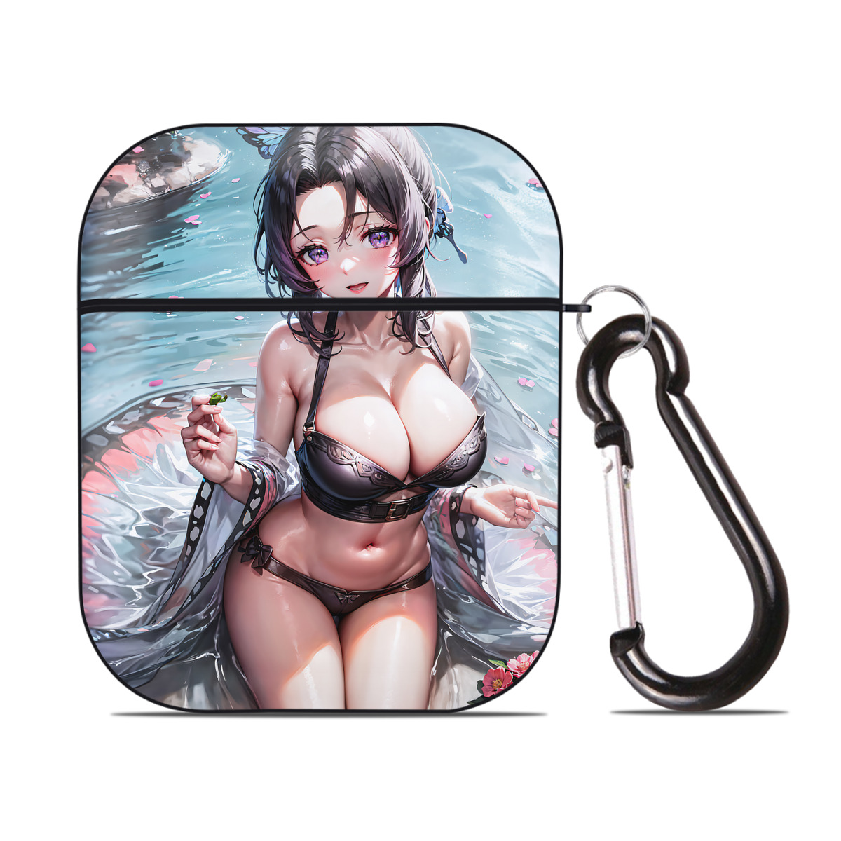 （画像用） 鬼滅の刃（きめつのやいば）蟲柱-胡蝶 しのぶ／こちょう しのぶ Kochou Shinobu AirPods 第2世代保護ケース ハードシェル ブラック 耐衝撃・防指紋・カラビナ付き