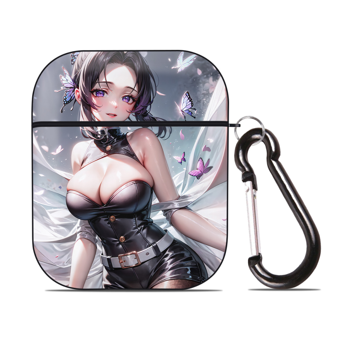 （画像用） 鬼滅の刃（きめつのやいば）蟲柱-胡蝶 しのぶ／こちょう しのぶ Kochou Shinobu AirPods 第2世代保護ケース ハードシェル ブラック 耐衝撃・防指紋・カラビナ付き