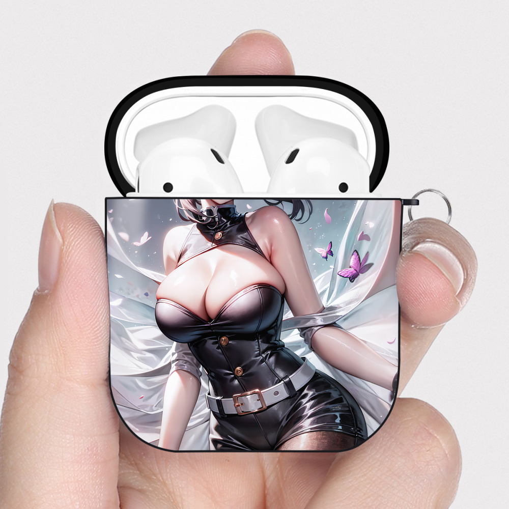 （画像用） 鬼滅の刃（きめつのやいば）蟲柱-胡蝶 しのぶ／こちょう しのぶ Kochou Shinobu AirPods 第2世代保護ケース ハードシェル ブラック 耐衝撃・防指紋・カラビナ付き