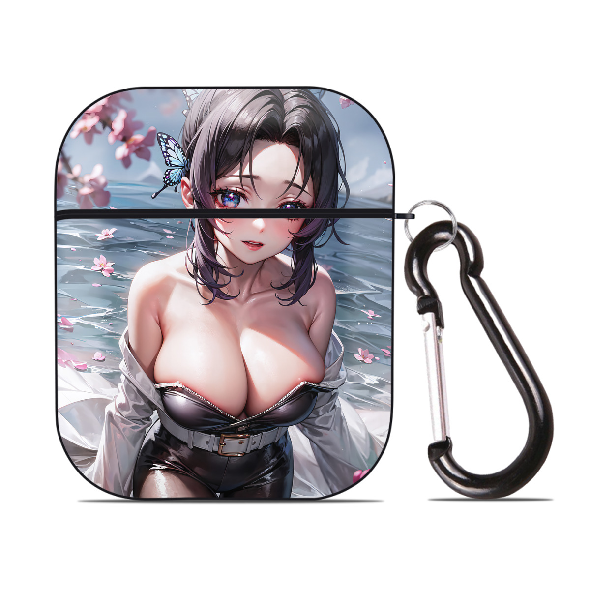 （画像用） 鬼滅の刃（きめつのやいば）蟲柱-胡蝶 しのぶ／こちょう しのぶ Kochou Shinobu AirPods 第2世代保護ケース ハードシェル ブラック 耐衝撃・防指紋・カラビナ付き