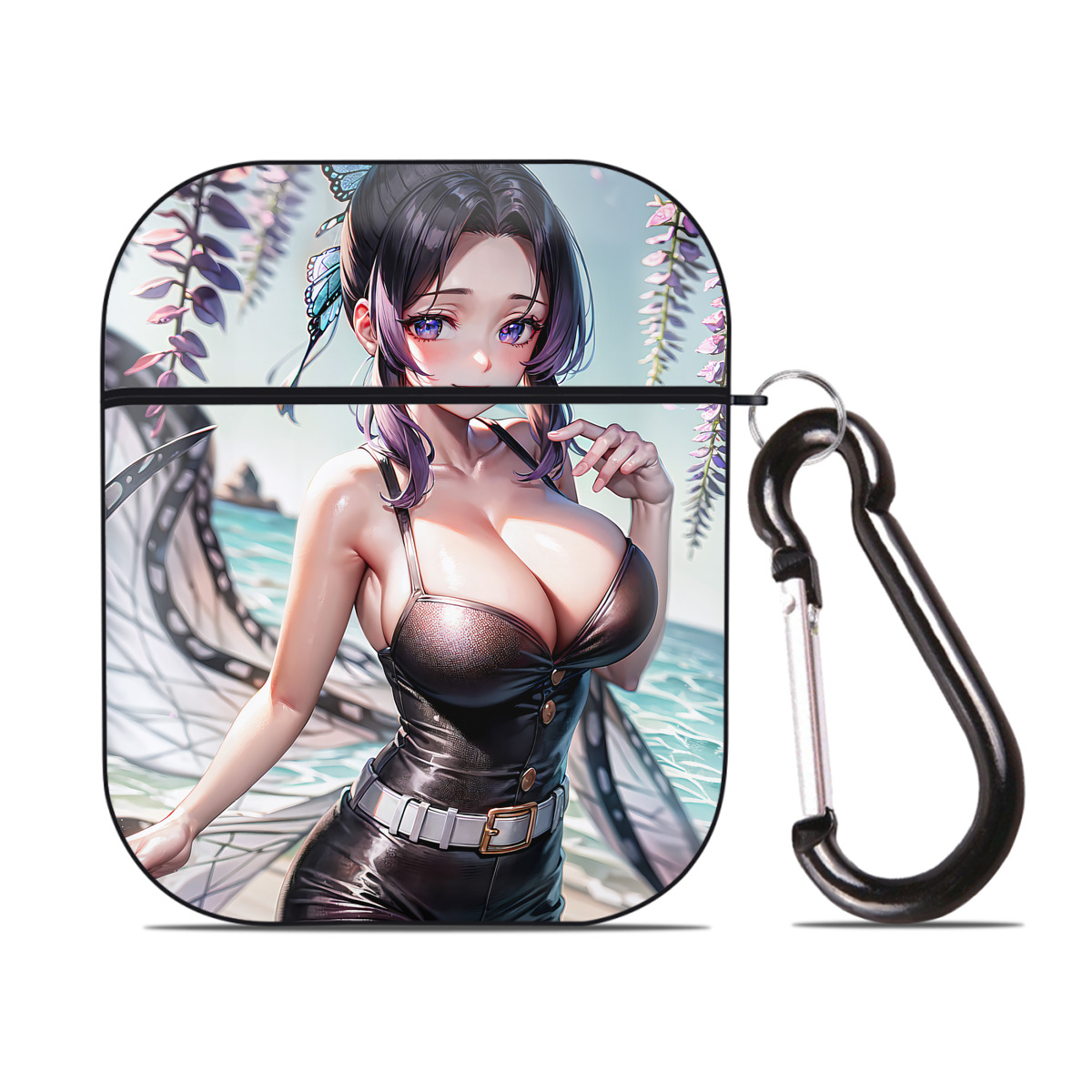 （画像用） 鬼滅の刃（きめつのやいば）蟲柱-胡蝶 しのぶ／こちょう しのぶ Kochou Shinobu AirPods 第2世代保護ケース ハードシェル ブラック 耐衝撃・防指紋・カラビナ付き