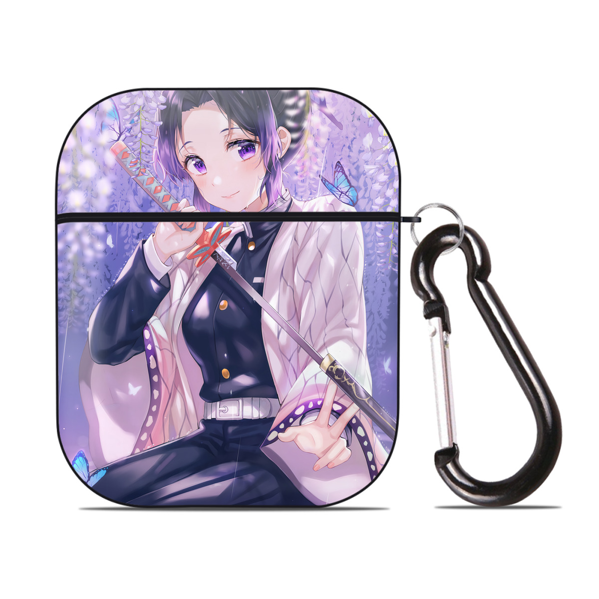 （画像用） 鬼滅の刃（きめつのやいば）蟲柱-胡蝶 しのぶ／こちょう しのぶ Kochou Shinobu AirPods 第2世代保護ケース ハードシェル ブラック 耐衝撃・防指紋・カラビナ付き