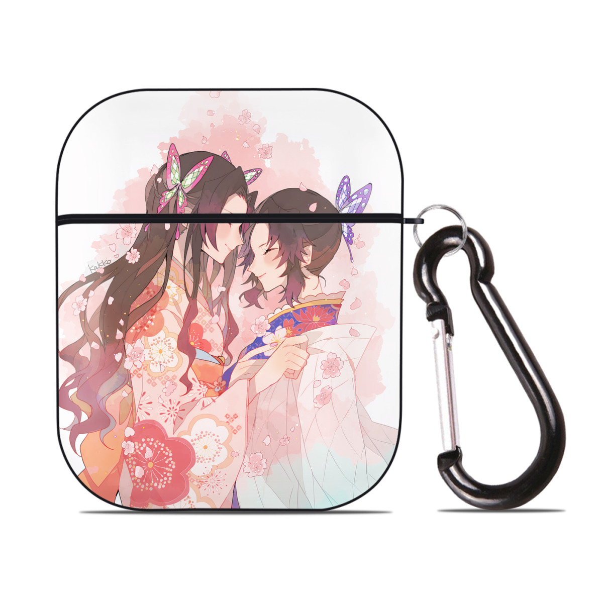 （画像用） 鬼滅の刃（きめつのやいば）蟲柱-胡蝶 しのぶ／こちょう しのぶ Kochou Shinobu AirPods 第2世代保護ケース ハードシェル ブラック 耐衝撃・防指紋・カラビナ付き