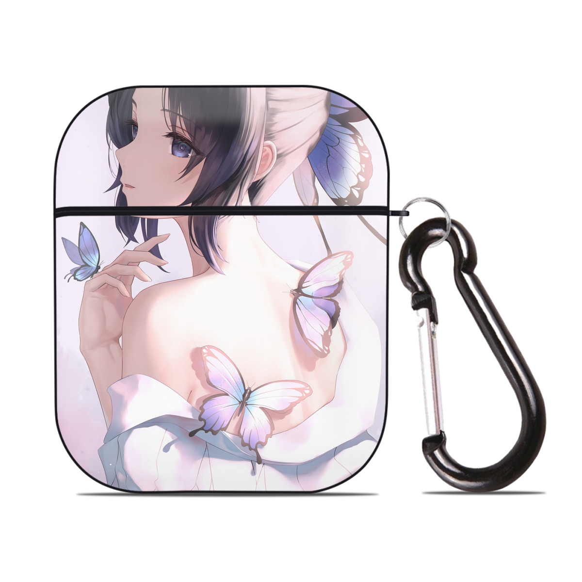（画像用） 鬼滅の刃（きめつのやいば）蟲柱-胡蝶 しのぶ／こちょう しのぶ Kochou Shinobu AirPods 第2世代保護ケース ハードシェル ブラック 耐衝撃・防指紋・カラビナ付き