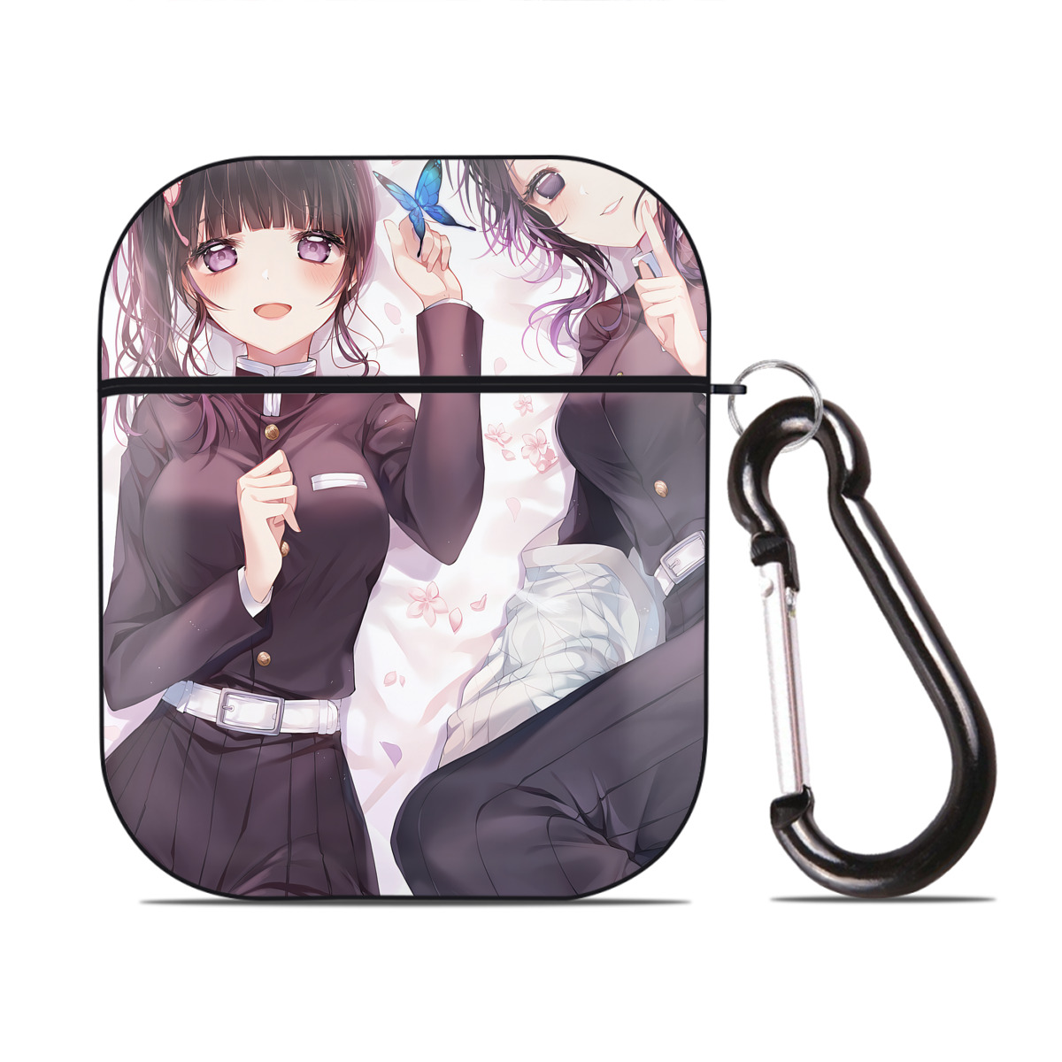（画像用） 鬼滅の刃（きめつのやいば）蟲柱-胡蝶 しのぶ／こちょう しのぶ Kochou Shinobu AirPods 第2世代保護ケース ハードシェル ブラック 耐衝撃・防指紋・カラビナ付き