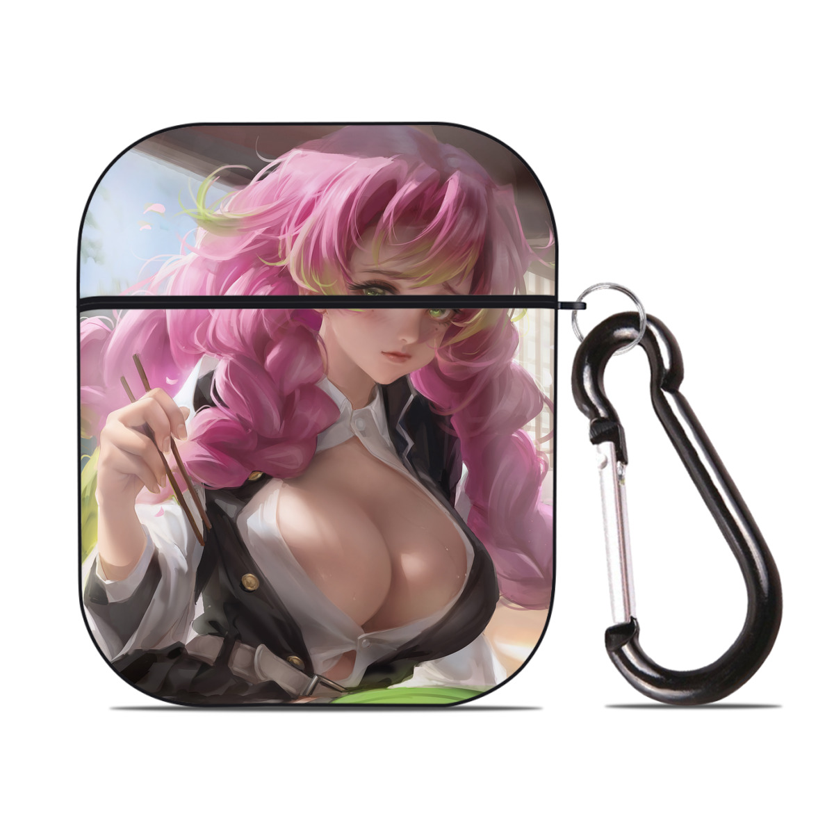 （画像用） 鬼滅の刃（きめつのやいば）恋柱-甘露寺 蜜璃／かんろじ みつり Kanroji Mitsuri AirPods 第2世代保護ケース ハードシェル ブラック 耐衝撃・防指紋・カラビナ付き