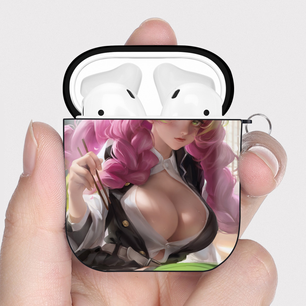 （画像用） 鬼滅の刃（きめつのやいば）恋柱-甘露寺 蜜璃／かんろじ みつり Kanroji Mitsuri AirPods 第2世代保護ケース ハードシェル ブラック 耐衝撃・防指紋・カラビナ付き