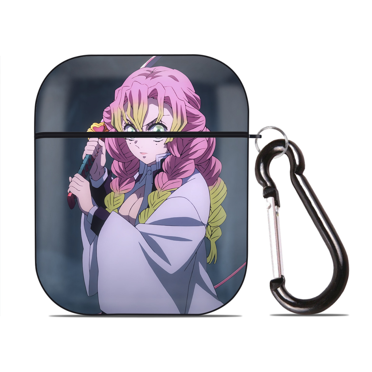 （画像用） 鬼滅の刃（きめつのやいば）恋柱-甘露寺 蜜璃／かんろじ みつり Kanroji Mitsuri AirPods 第2世代保護ケース ハードシェル ブラック 耐衝撃・防指紋・カラビナ付き