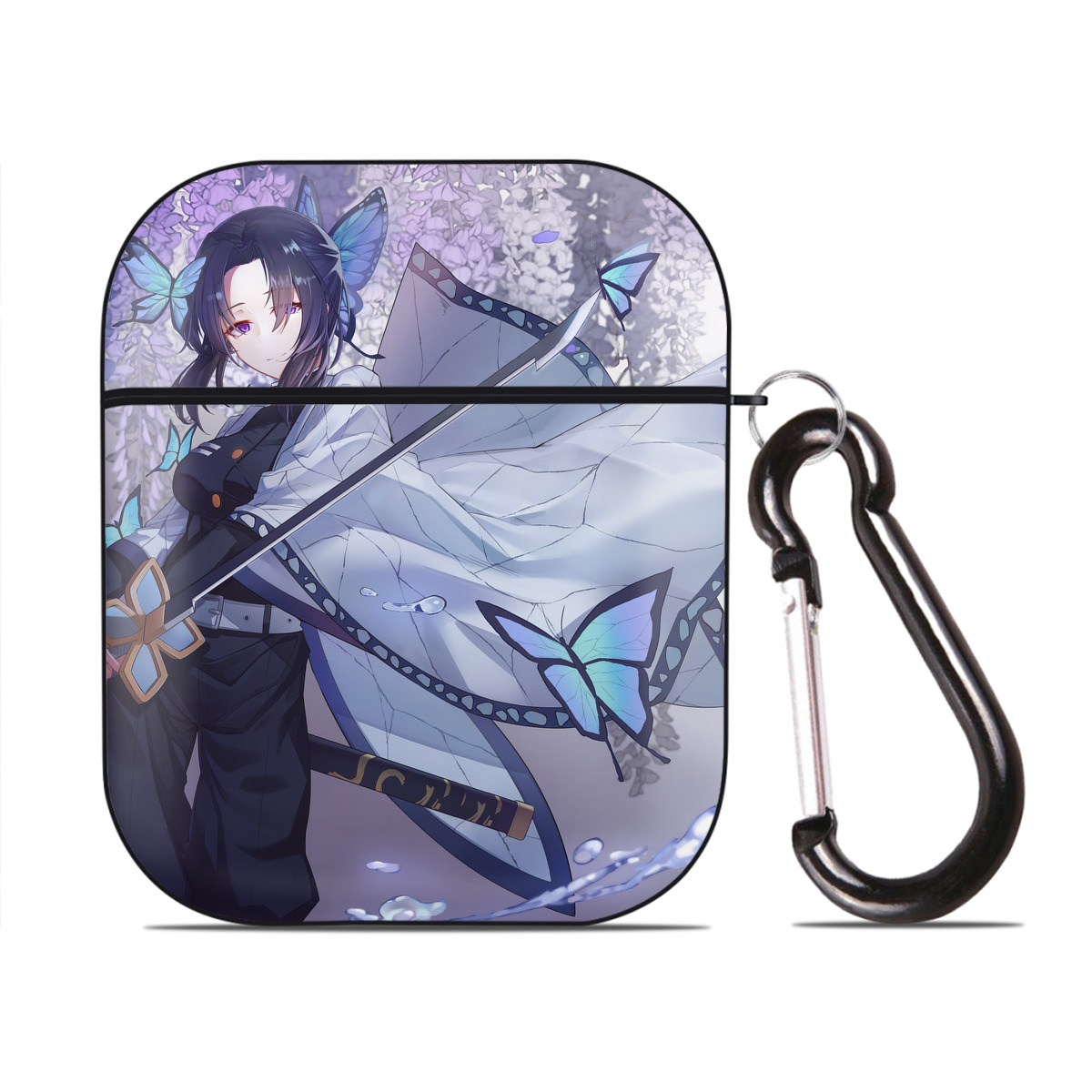 （画像用） 鬼滅の刃（きめつのやいば）蟲柱-胡蝶 しのぶ／こちょう しのぶ Kochou Shinobu AirPods 第2世代保護ケース ハードシェル ブラック 耐衝撃・防指紋・カラビナ付き