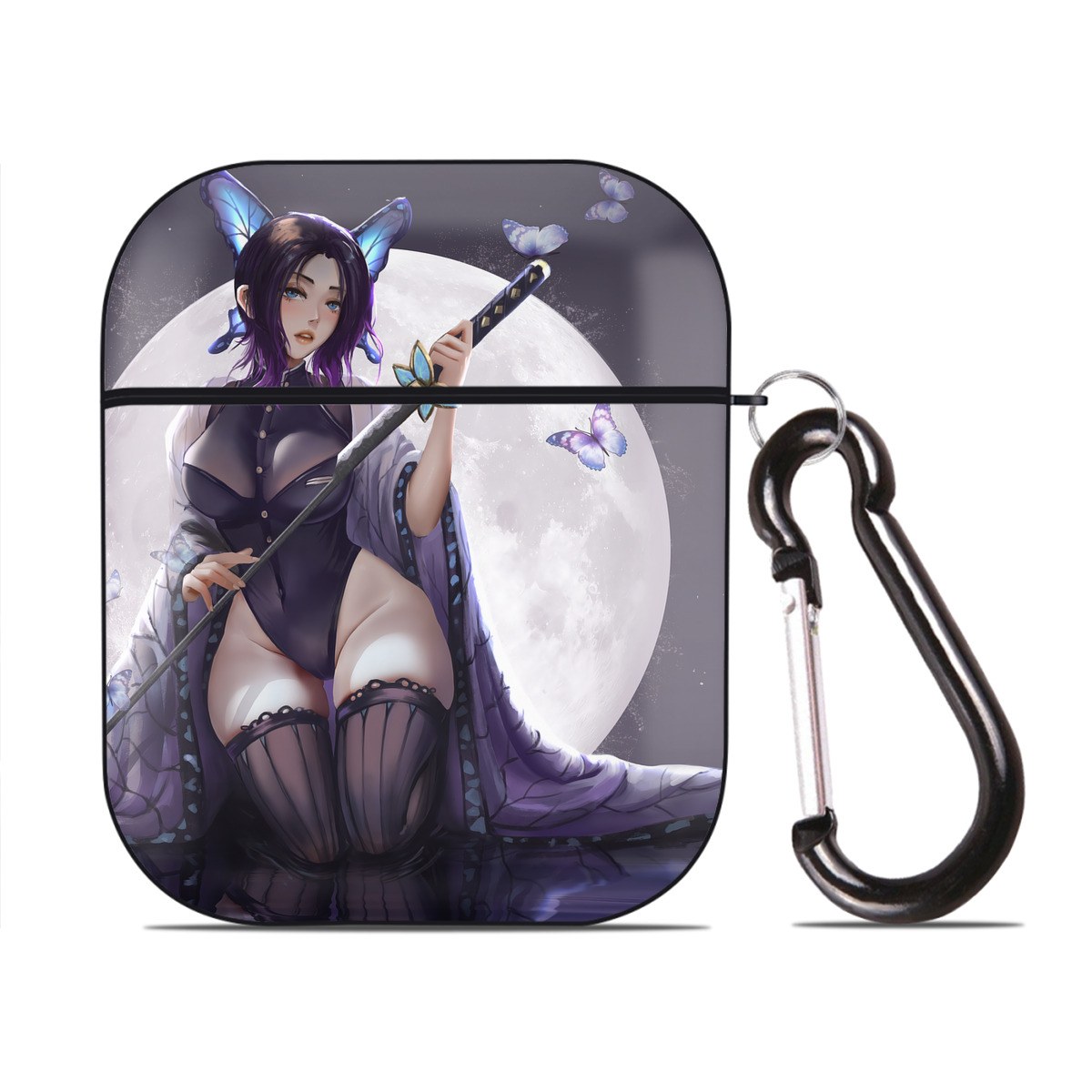 （画像用） 鬼滅の刃（きめつのやいば）蟲柱-胡蝶 しのぶ／こちょう しのぶ Kochou Shinobu AirPods 第2世代保護ケース ハードシェル ブラック 耐衝撃・防指紋・カラビナ付き