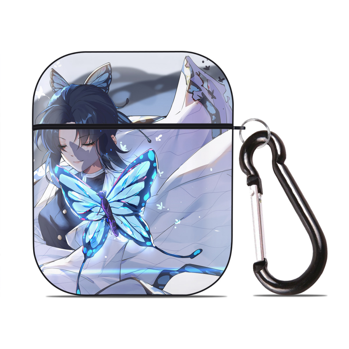（画像用） 鬼滅の刃（きめつのやいば）蟲柱-胡蝶 しのぶ／こちょう しのぶ Kochou Shinobu AirPods 第2世代保護ケース ハードシェル ブラック 耐衝撃・防指紋・カラビナ付き
