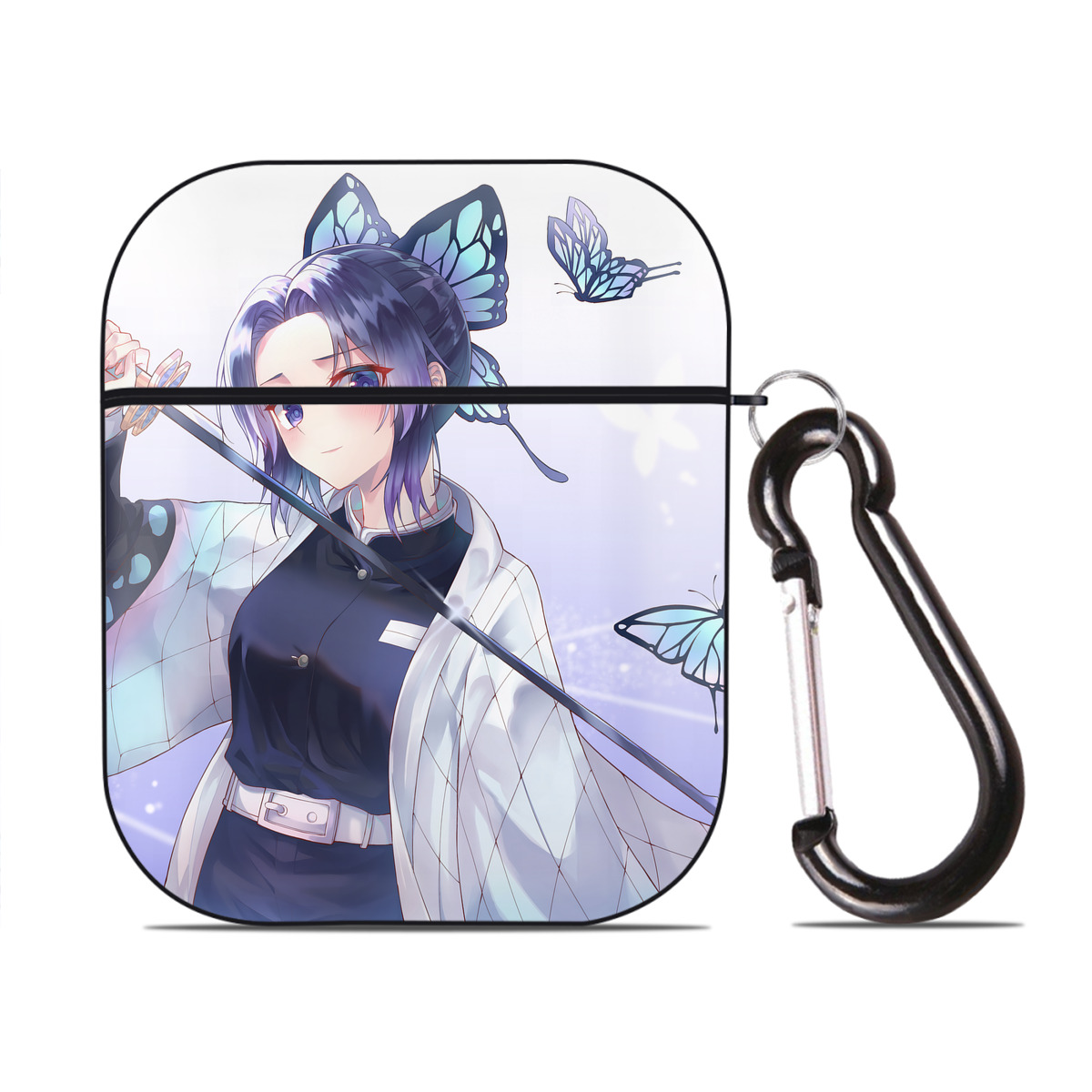 （画像用） 鬼滅の刃（きめつのやいば）蟲柱-胡蝶 しのぶ／こちょう しのぶ Kochou Shinobu AirPods 第2世代保護ケース ハードシェル ブラック 耐衝撃・防指紋・カラビナ付き