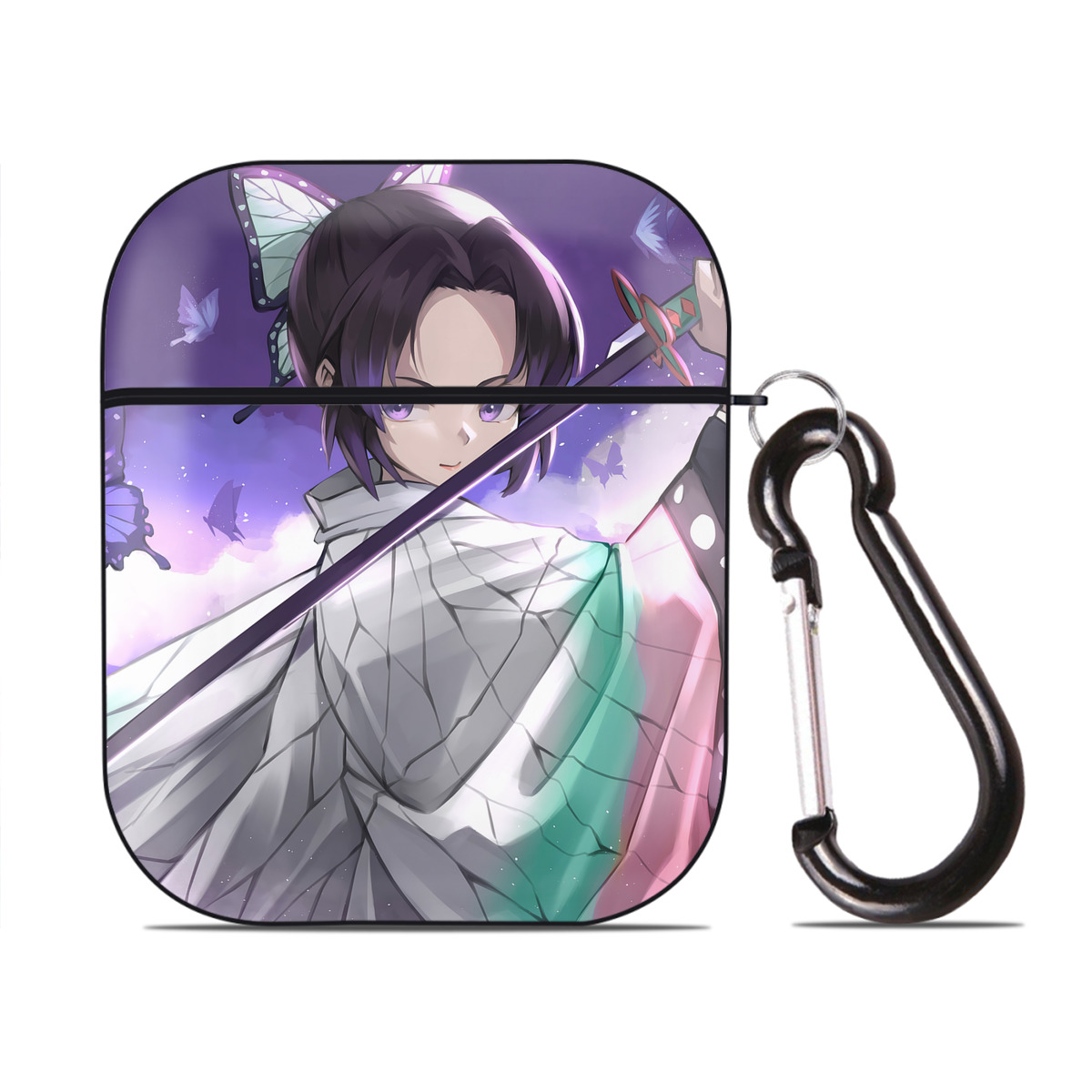 （画像用） 鬼滅の刃（きめつのやいば）蟲柱-胡蝶 しのぶ／こちょう しのぶ Kochou Shinobu AirPods 第2世代保護ケース ハードシェル ブラック 耐衝撃・防指紋・カラビナ付き