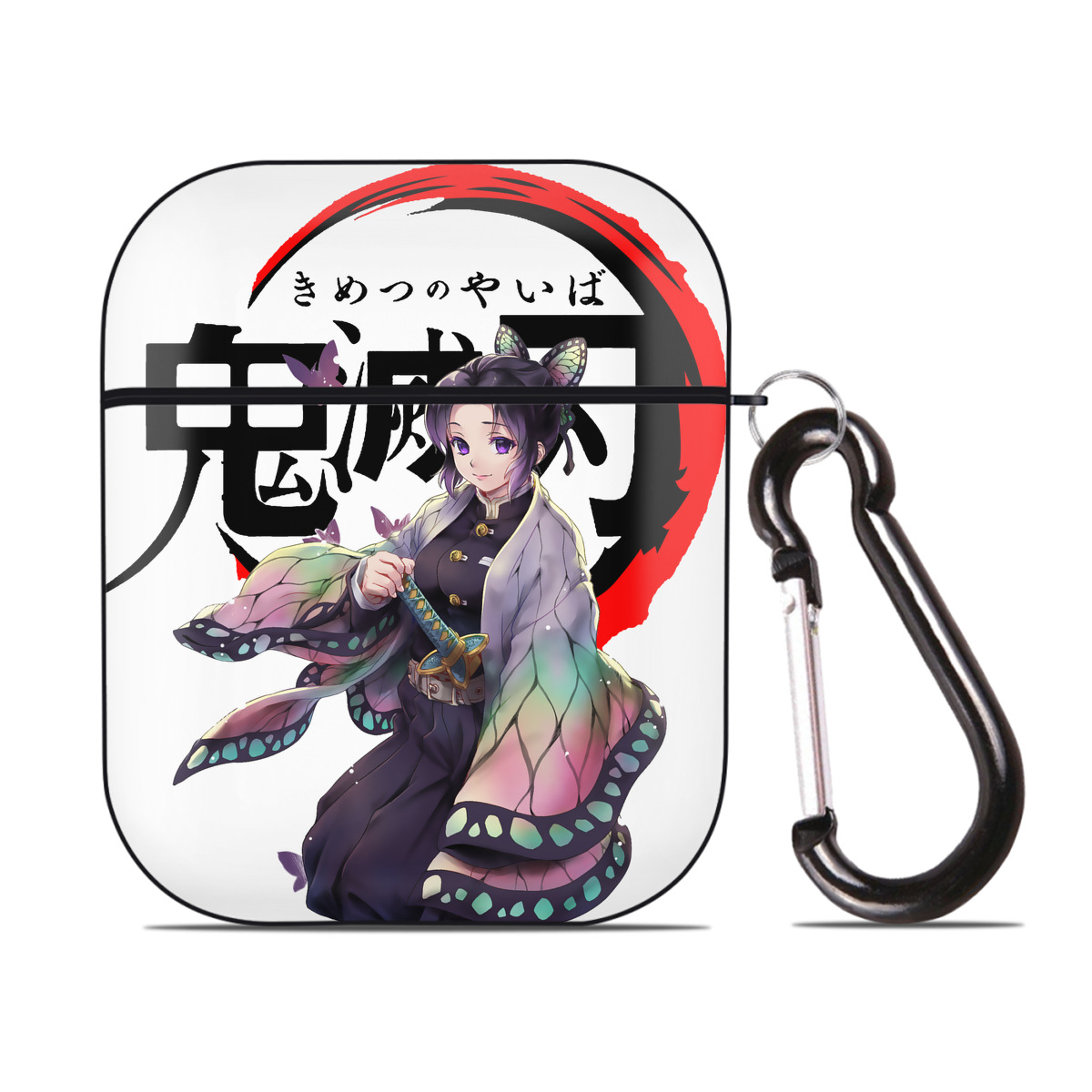 （画像用） 鬼滅の刃（きめつのやいば）蟲柱-胡蝶 しのぶ／こちょう しのぶ Kochou Shinobu AirPods 第2世代保護ケース ハードシェル ブラック 耐衝撃・防指紋・カラビナ付き