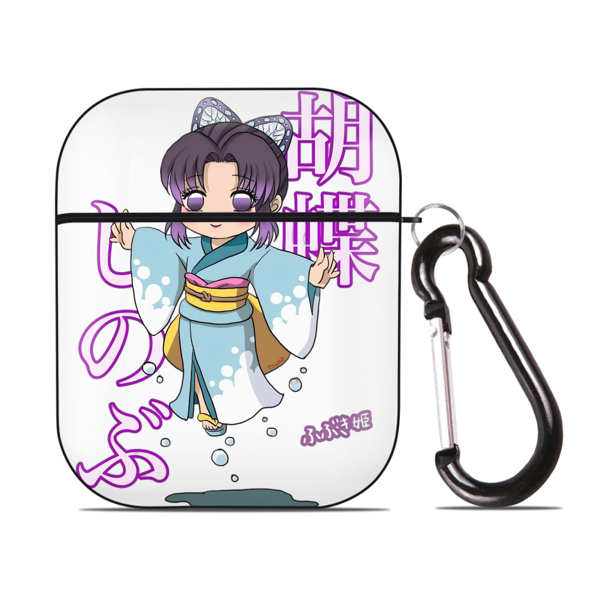 （画像用） 鬼滅の刃（きめつのやいば）蟲柱-胡蝶 しのぶ／こちょう しのぶ Kochou Shinobu AirPods 第2世代保護ケース ハードシェル ブラック 耐衝撃・防指紋・カラビナ付き