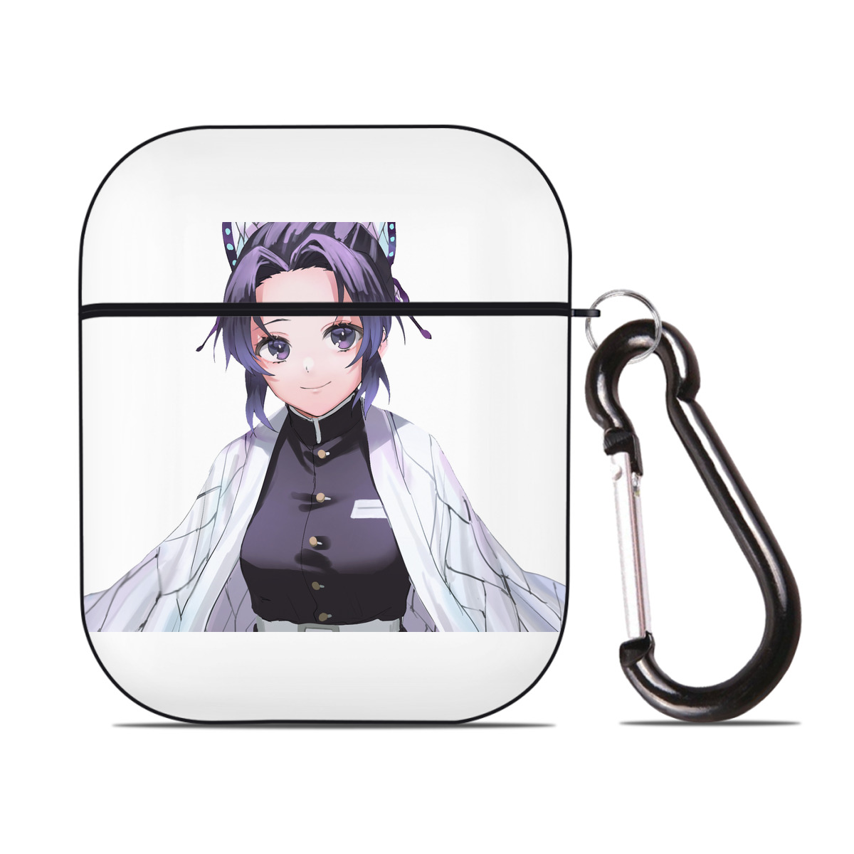 （画像用） 鬼滅の刃（きめつのやいば）蟲柱-胡蝶 しのぶ／こちょう しのぶ Kochou Shinobu AirPods 第2世代保護ケース ハードシェル ブラック 耐衝撃・防指紋・カラビナ付き