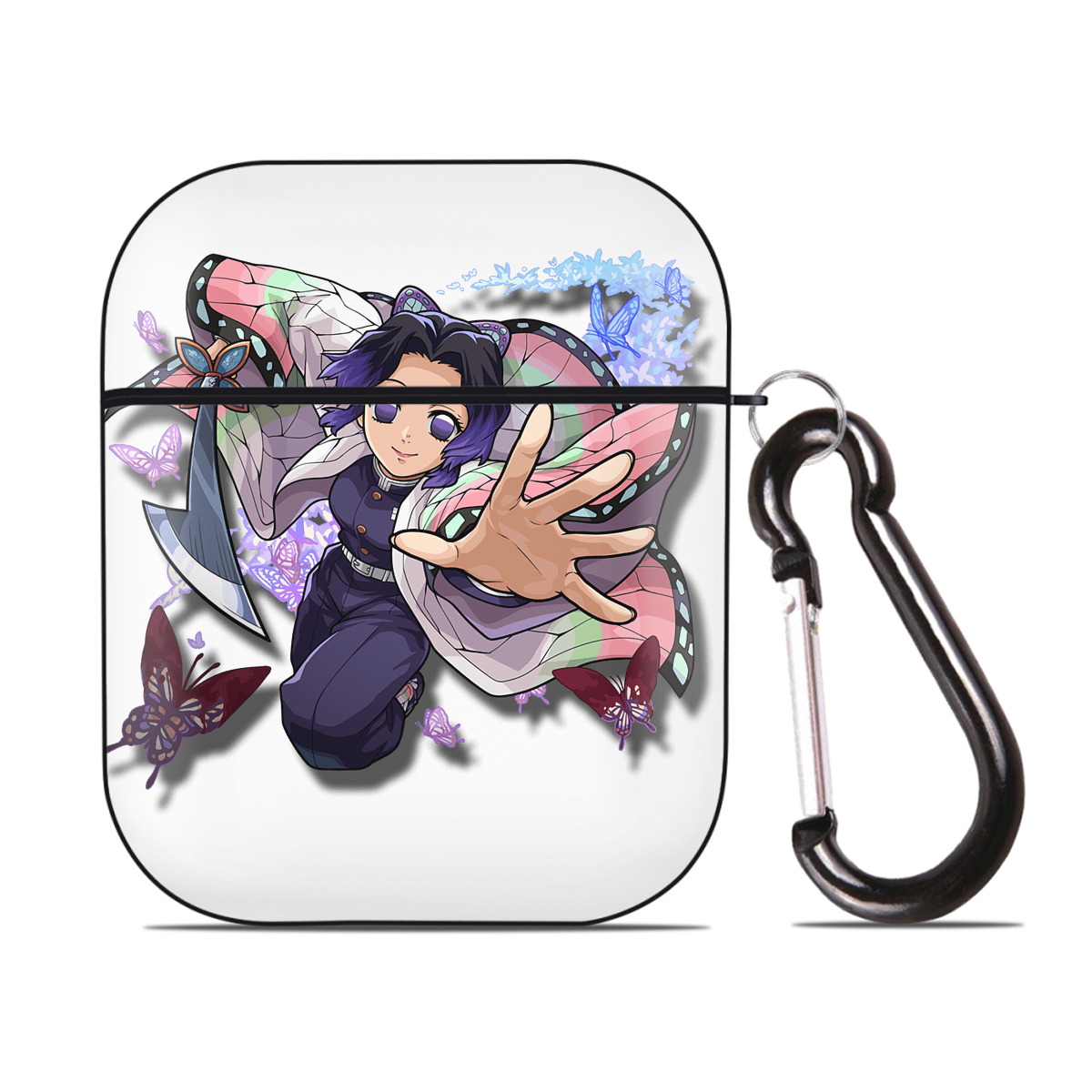 （画像用） 鬼滅の刃（きめつのやいば）蟲柱-胡蝶 しのぶ／こちょう しのぶ Kochou Shinobu AirPods 第2世代保護ケース ハードシェル ブラック 耐衝撃・防指紋・カラビナ付き