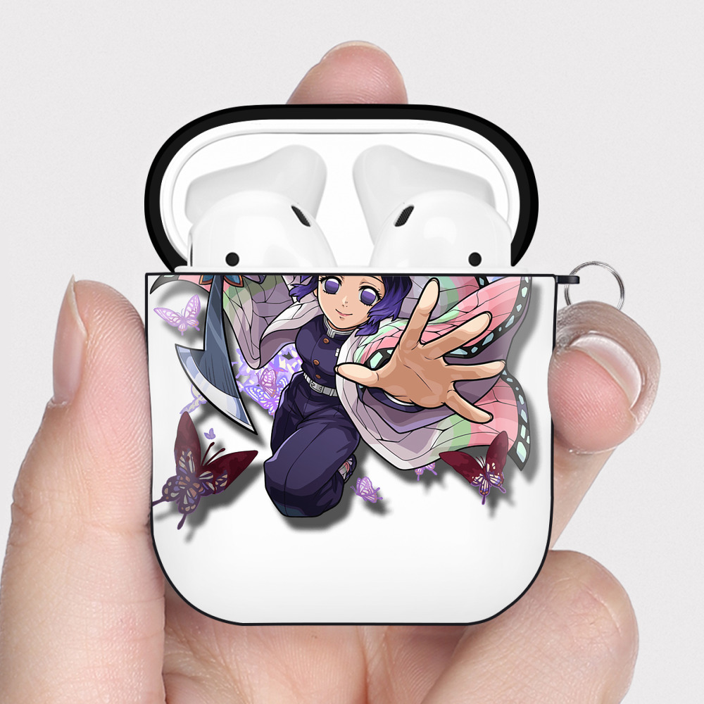 （画像用） 鬼滅の刃（きめつのやいば）蟲柱-胡蝶 しのぶ／こちょう しのぶ Kochou Shinobu AirPods 第2世代保護ケース ハードシェル ブラック 耐衝撃・防指紋・カラビナ付き