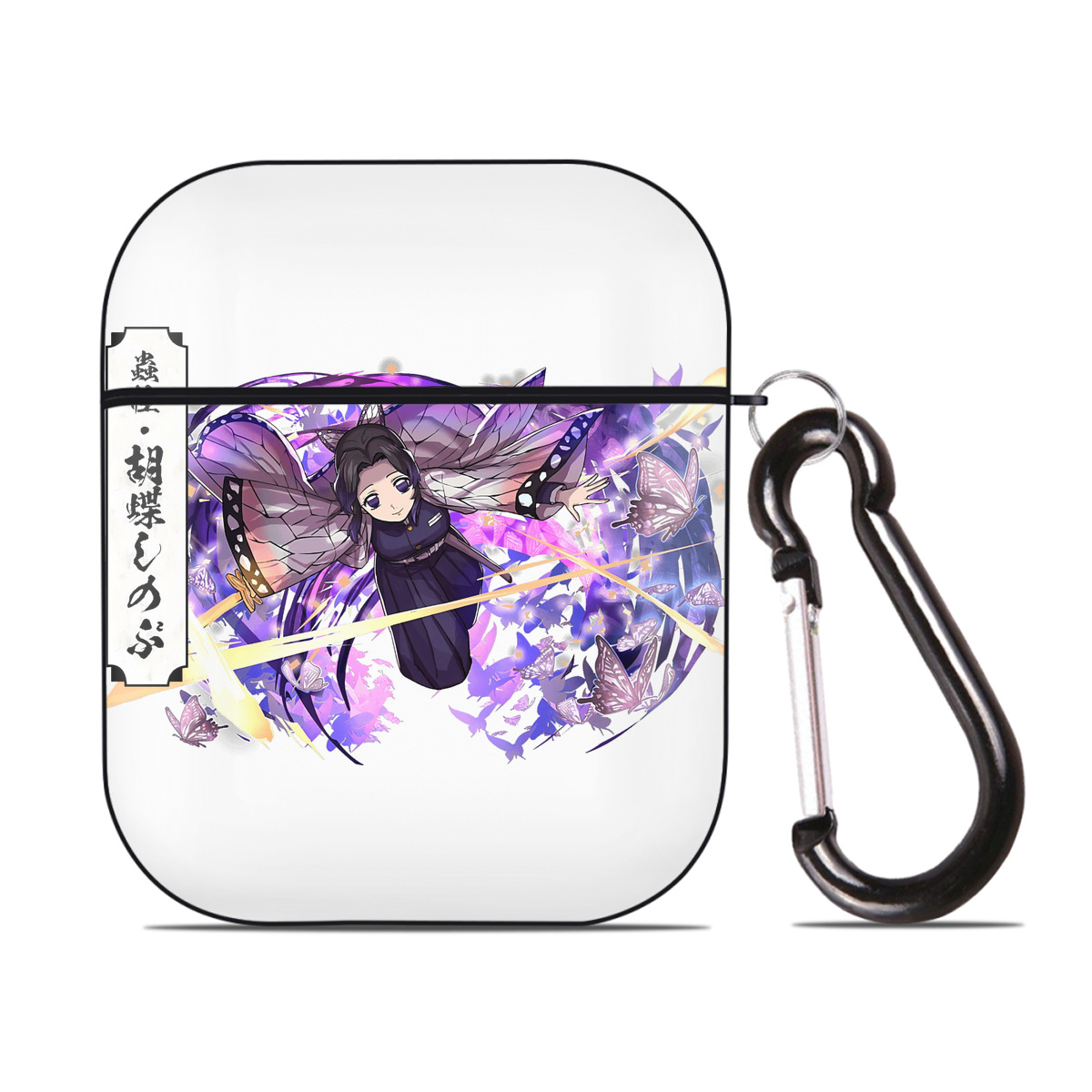 （画像用） 鬼滅の刃（きめつのやいば）蟲柱-胡蝶 しのぶ／こちょう しのぶ Kochou Shinobu AirPods 第2世代保護ケース ハードシェル ブラック 耐衝撃・防指紋・カラビナ付き
