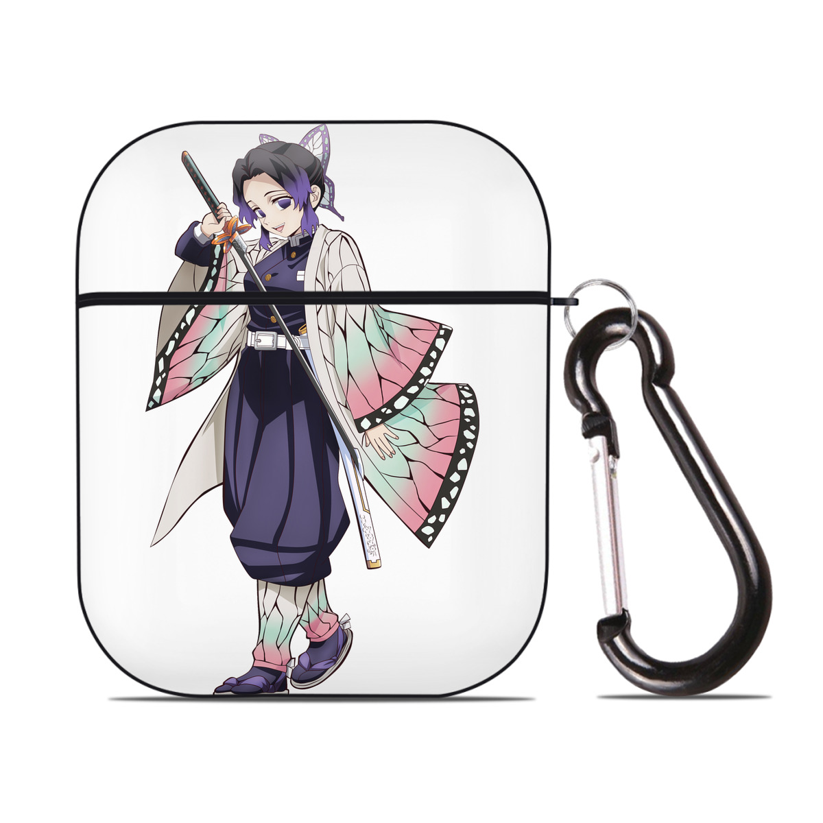 （画像用） 鬼滅の刃（きめつのやいば）蟲柱-胡蝶 しのぶ／こちょう しのぶ Kochou Shinobu AirPods 第2世代保護ケース ハードシェル ブラック 耐衝撃・防指紋・カラビナ付き