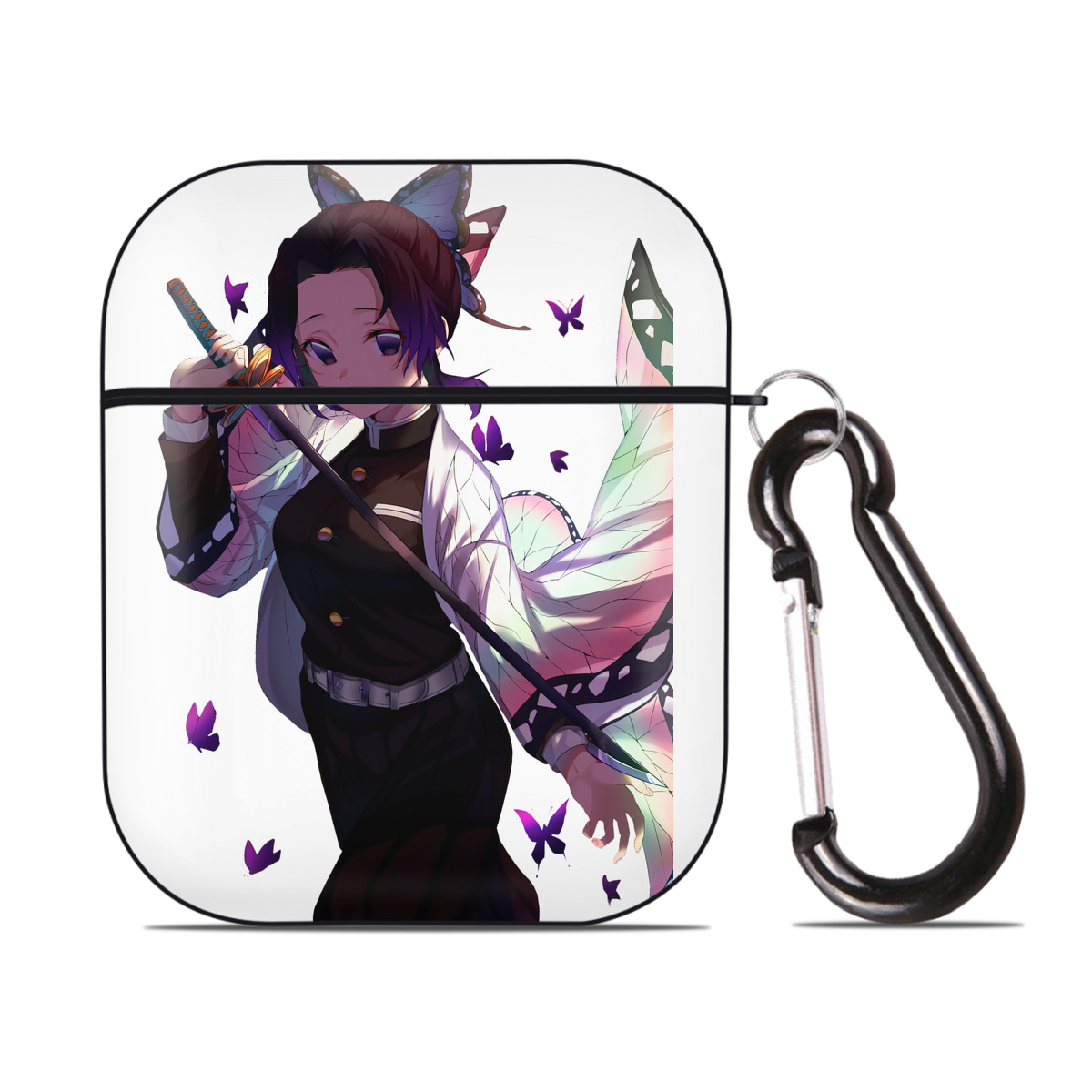 （画像用） 鬼滅の刃（きめつのやいば）蟲柱-胡蝶 しのぶ／こちょう しのぶ Kochou Shinobu AirPods 第2世代保護ケース ハードシェル ブラック 耐衝撃・防指紋・カラビナ付き