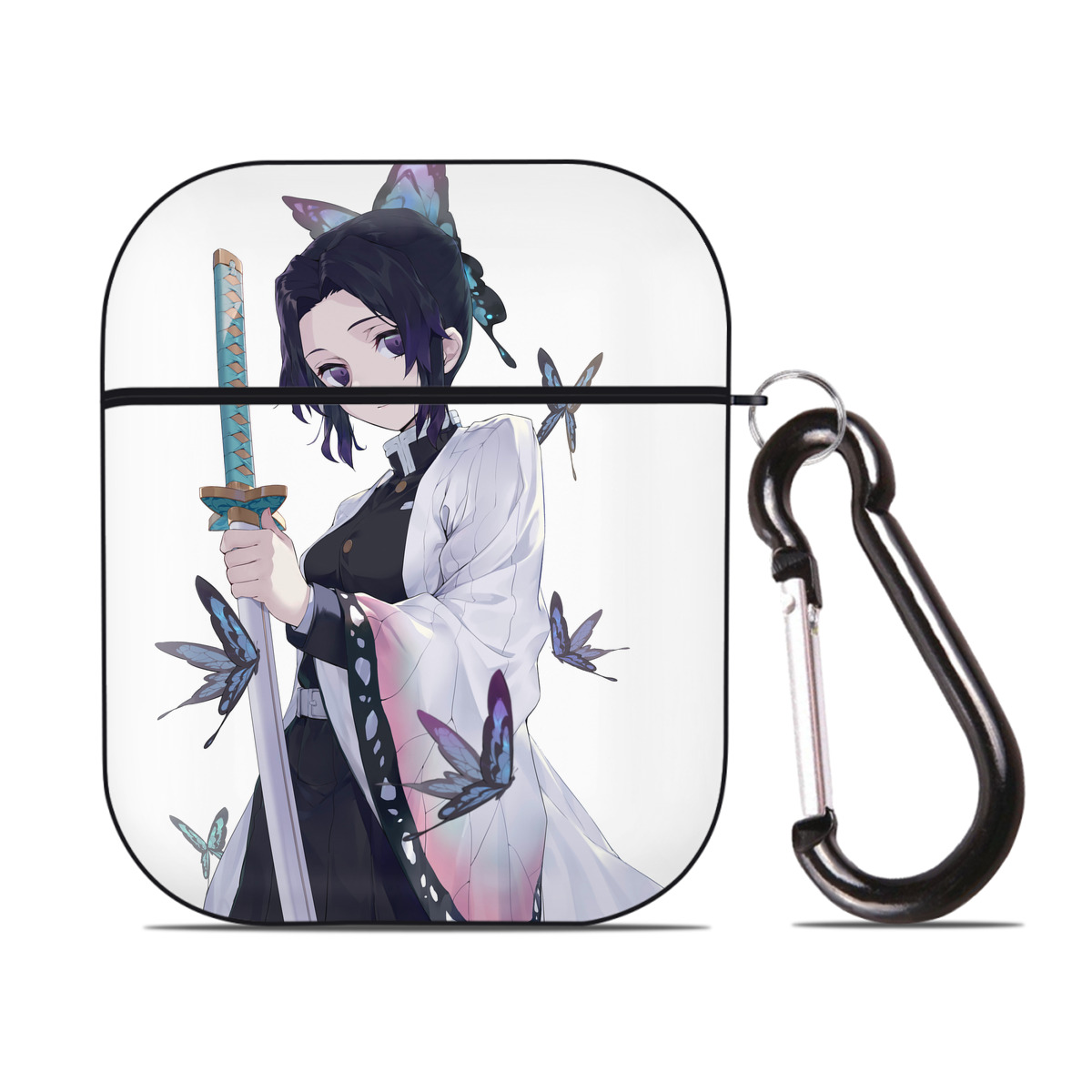 （画像用） 鬼滅の刃（きめつのやいば）蟲柱-胡蝶 しのぶ／こちょう しのぶ Kochou Shinobu AirPods 第2世代保護ケース ハードシェル ブラック 耐衝撃・防指紋・カラビナ付き