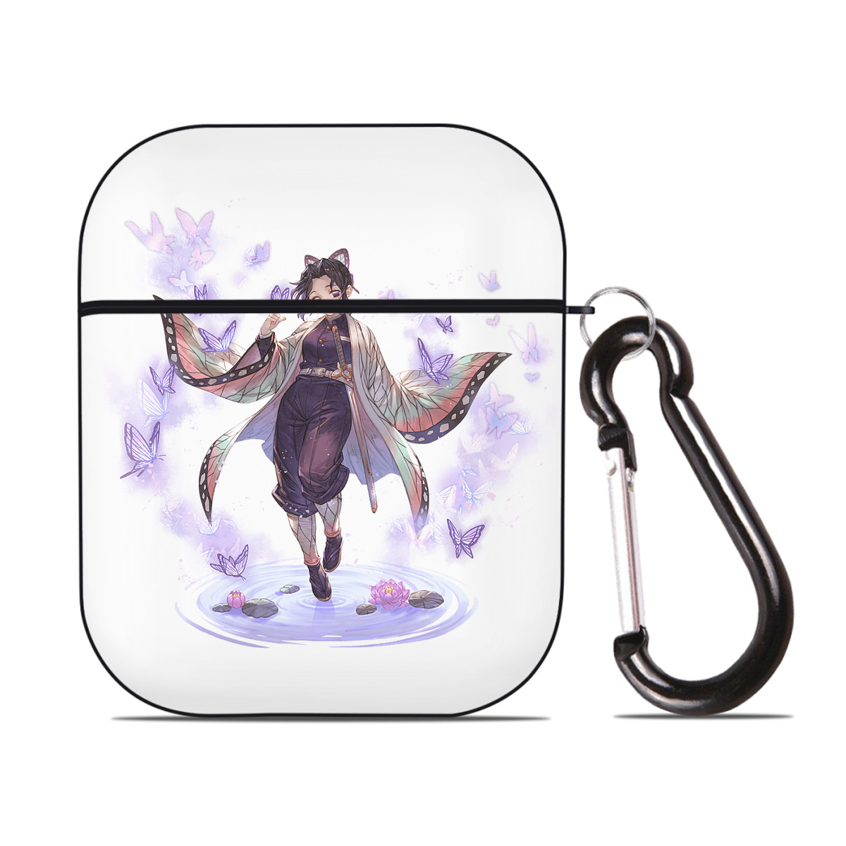 （画像用） 鬼滅の刃（きめつのやいば）蟲柱-胡蝶 しのぶ／こちょう しのぶ Kochou Shinobu AirPods 第2世代保護ケース ハードシェル ブラック 耐衝撃・防指紋・カラビナ付き