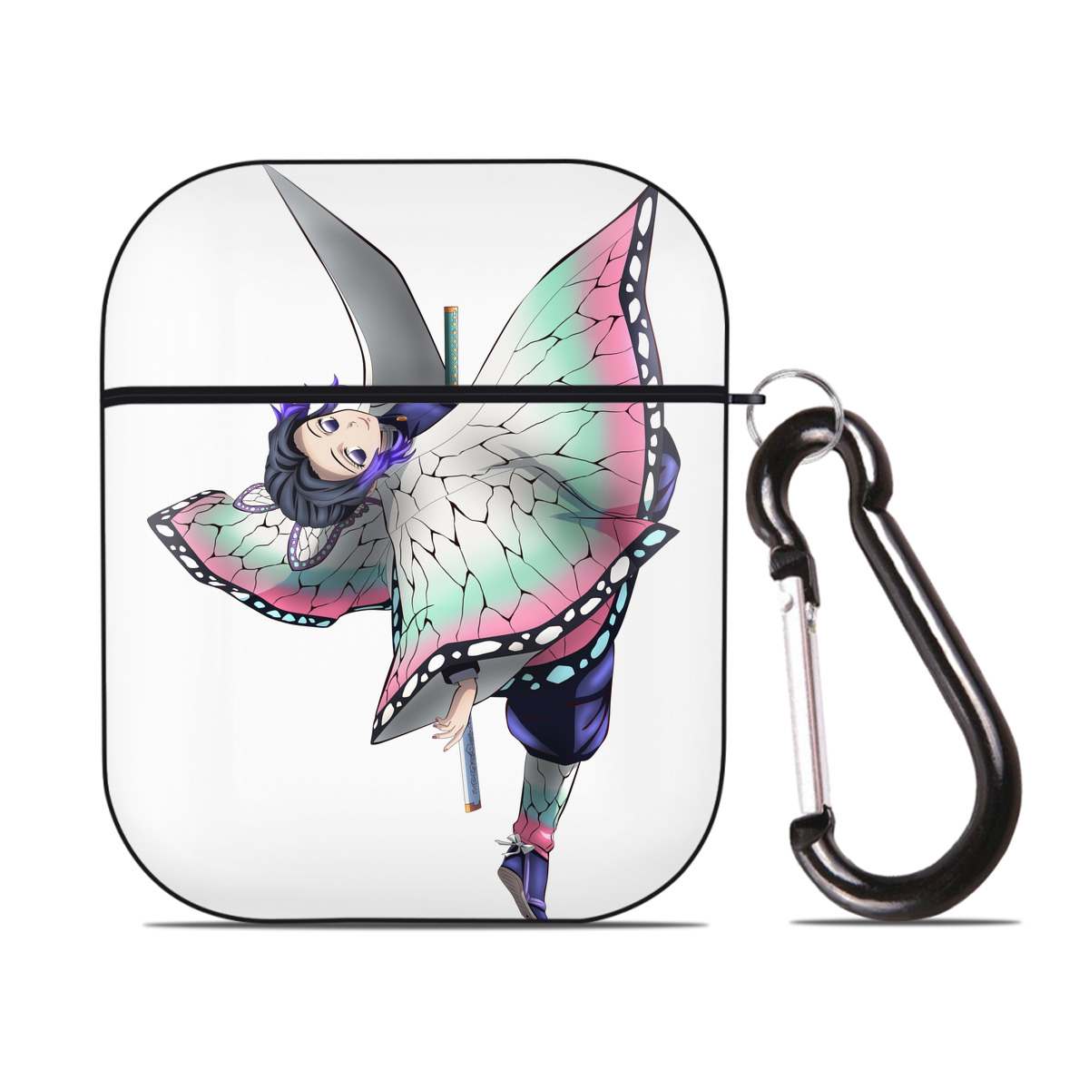 （画像用） 鬼滅の刃（きめつのやいば）蟲柱-胡蝶 しのぶ／こちょう しのぶ Kochou Shinobu AirPods 第2世代保護ケース ハードシェル ブラック 耐衝撃・防指紋・カラビナ付き