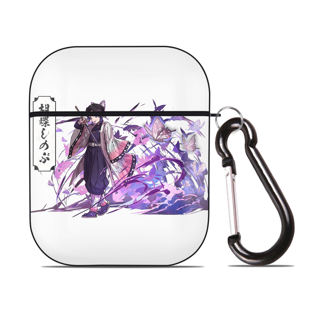 （画像用） 鬼滅の刃（きめつのやいば）蟲柱-胡蝶 しのぶ／こちょう しのぶ Kochou Shinobu AirPods 第2世代保護ケース ハードシェル ブラック 耐衝撃・防指紋・カラビナ付き