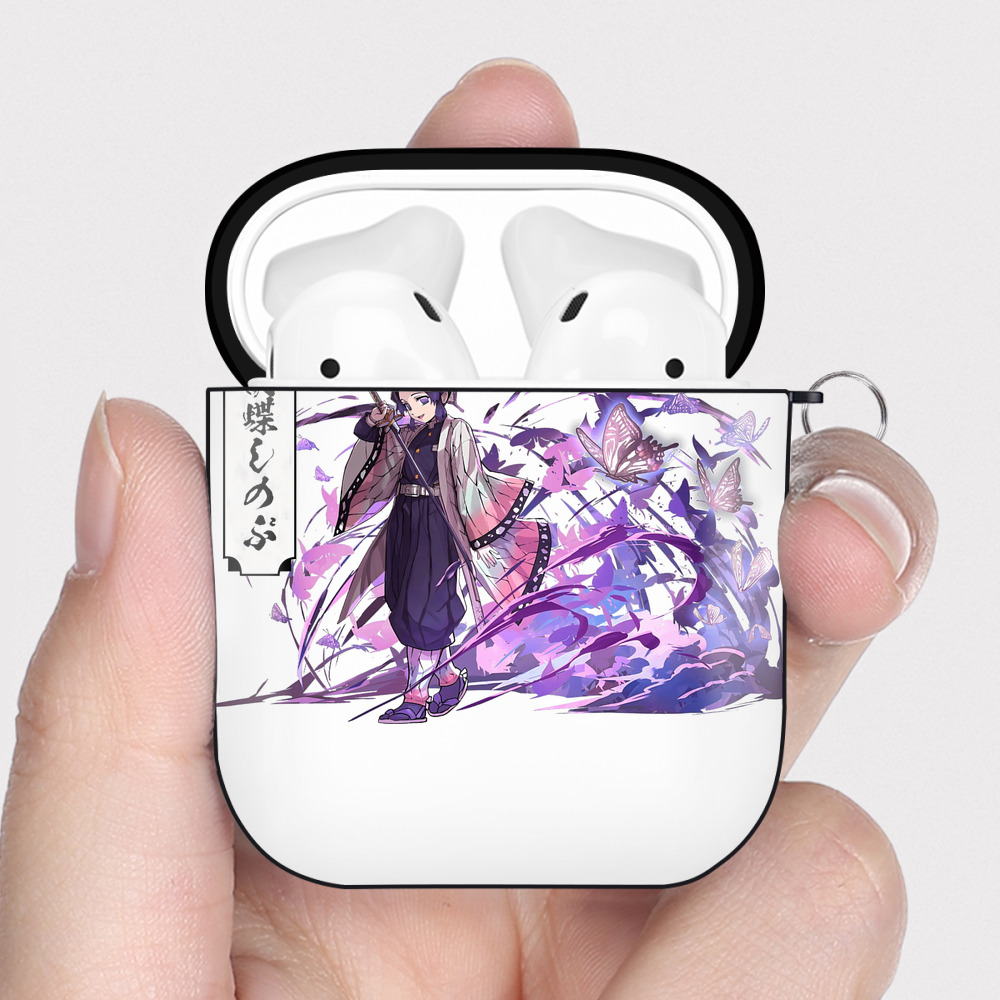 （画像用） 鬼滅の刃（きめつのやいば）蟲柱-胡蝶 しのぶ／こちょう しのぶ Kochou Shinobu AirPods 第2世代保護ケース ハードシェル ブラック 耐衝撃・防指紋・カラビナ付き